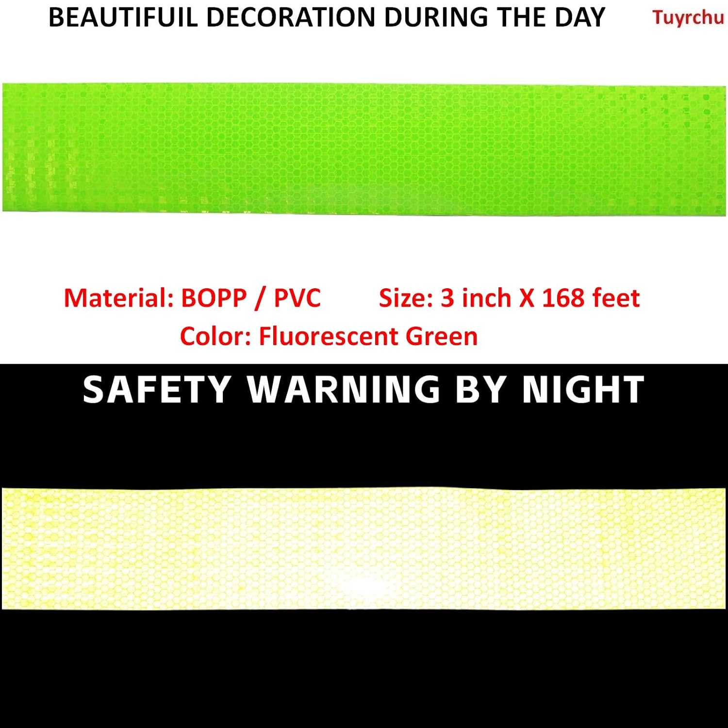 Fluorescent Green Reflective Tape Outdoor Waterproof 3 inch Wide, High Visibility Warning Industrial Marking Tape, Safety Stickers (168 feet)