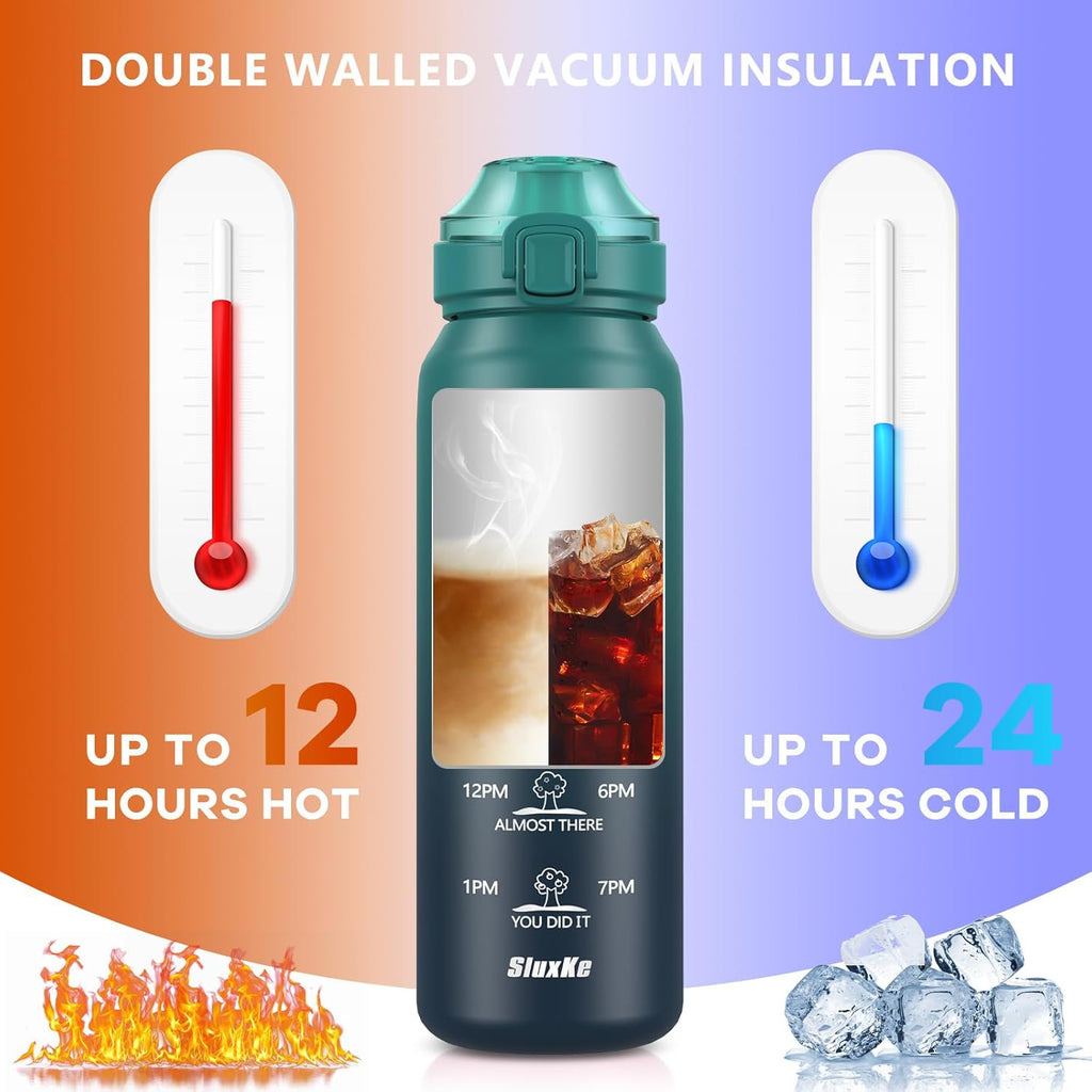 Insulated water bottle with Straw and Chug Lids, 18/10 Stainless Steel 24oz Water Bottle BPA Free, Double Wall Vacuum Wide Mouth Insulated Water Bottle for Men, Women & Kids BLUE BLUE