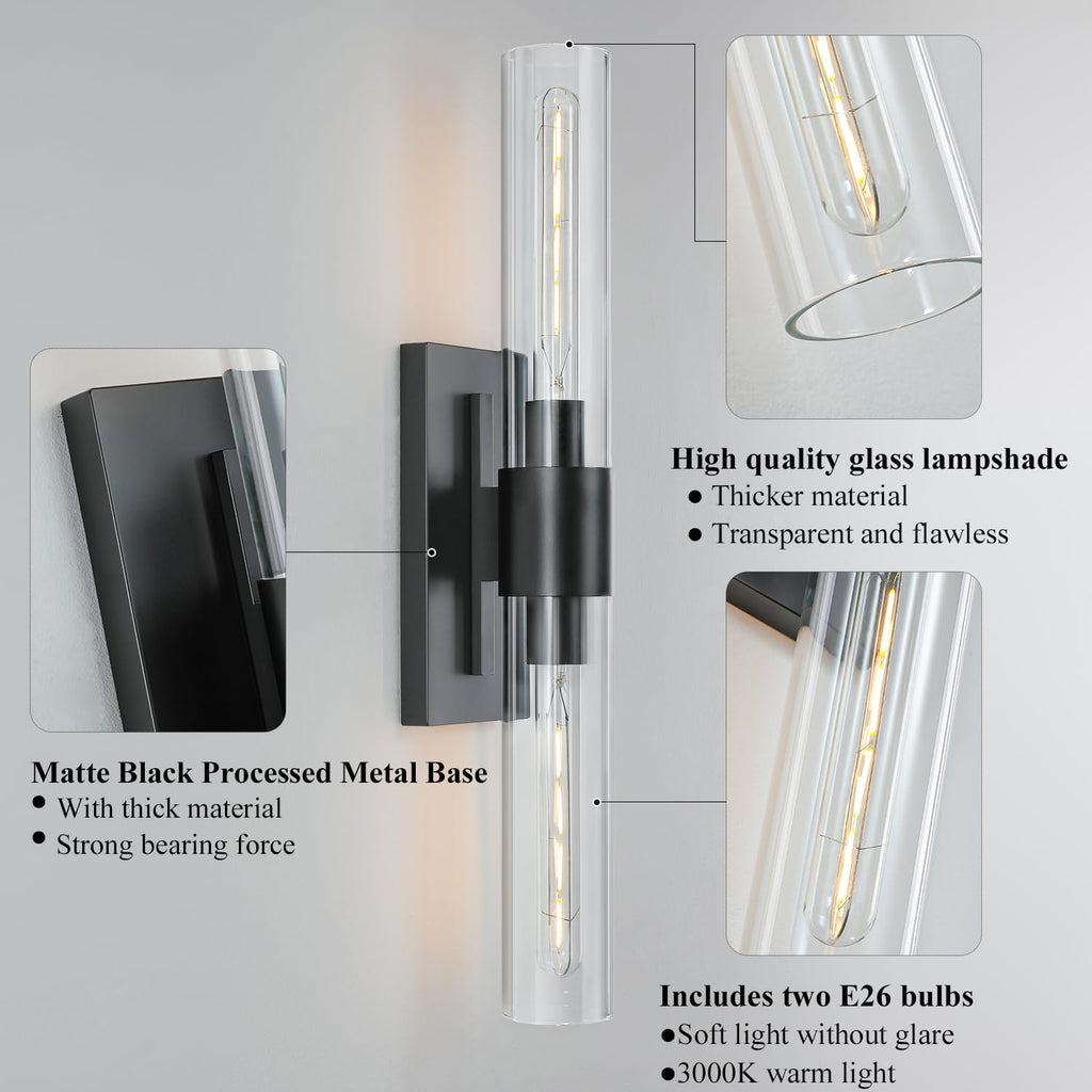 2-Light Matte Black Bathroom Light Fixtures with Glass Shades,Modern Wall Sconce for Bedroom Bath Mirror Lights.