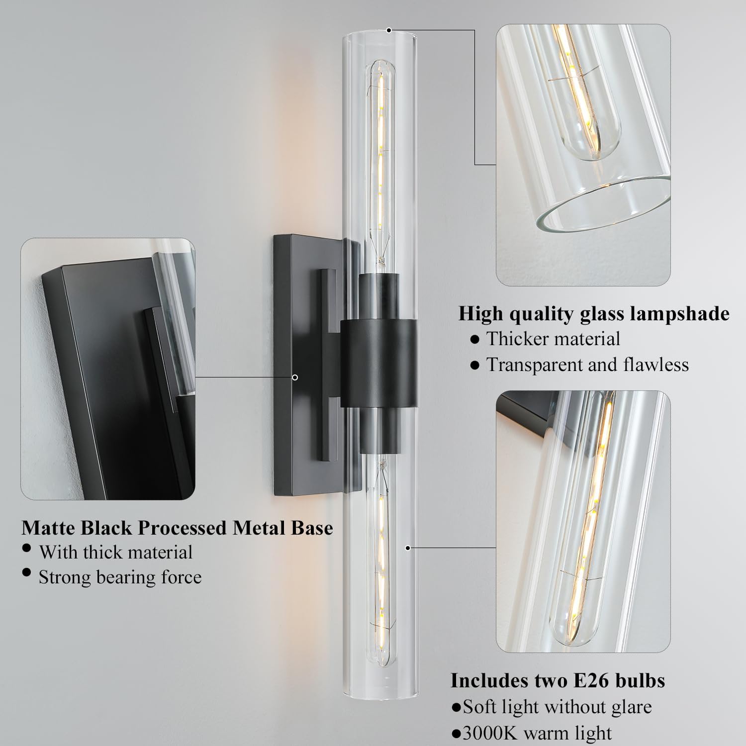2-Light Matte Black Bathroom Light Fixtures with Glass Shades,Modern Wall Sconce for Bedroom Bath Mirror Lights.