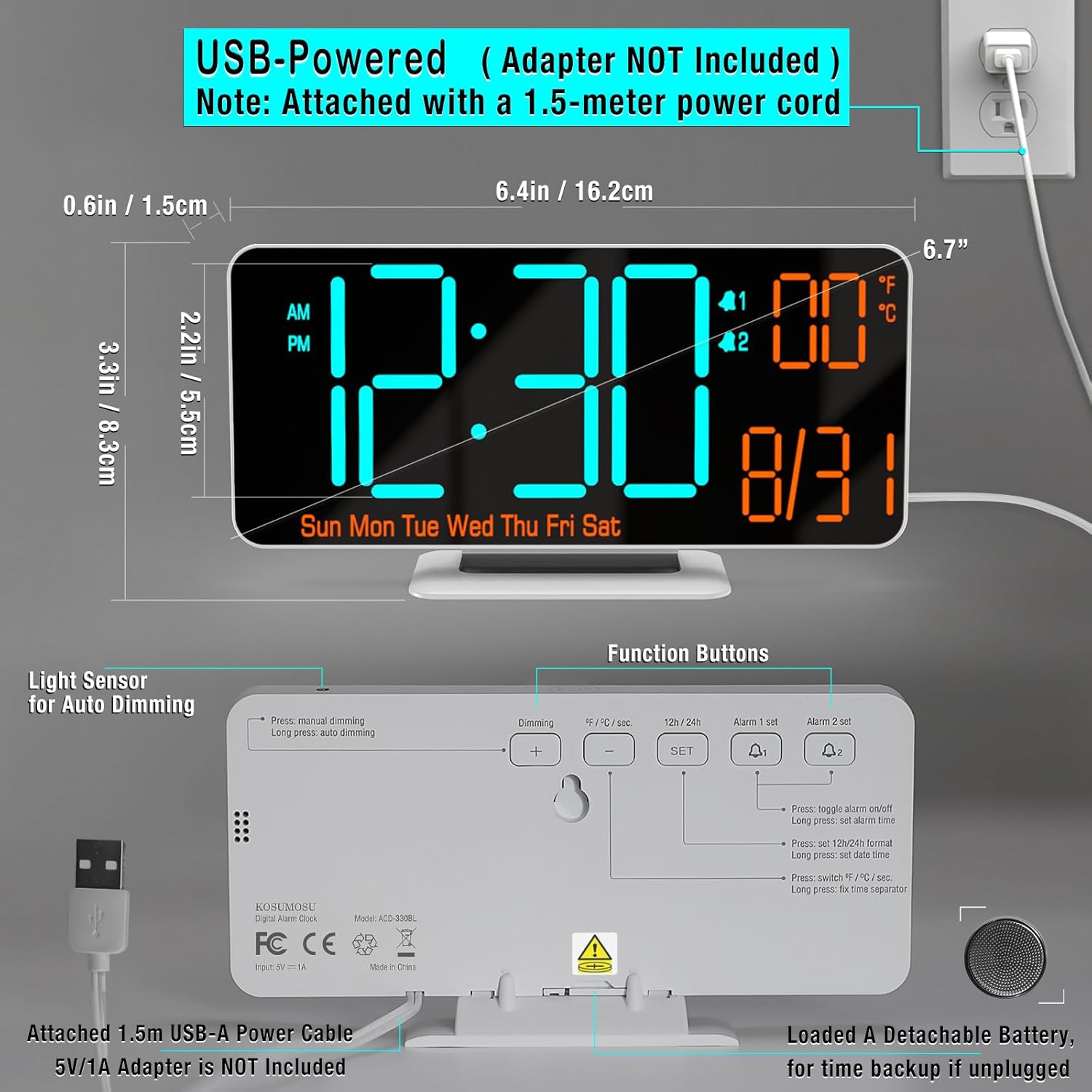 KOSUMOSU Desk Clock, 6.7in Small Digital Clock for Bedroom, Auto Dimming, Room Temperature, Day of The Week, Seconds, Date, LED Clocks for Living Room, Alarm Clocks for Bedrooms