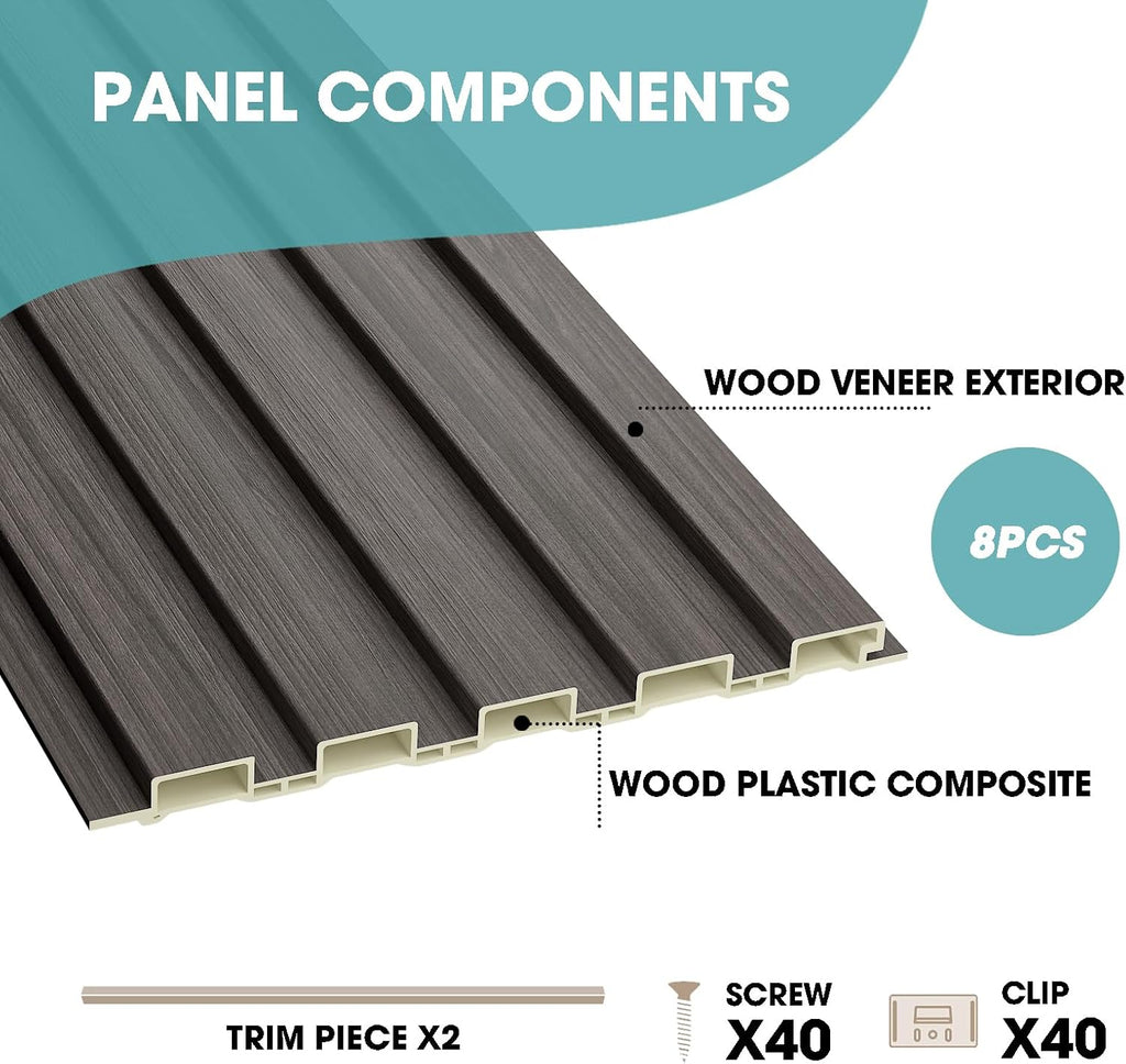 OUZUGIE WPC Acoustic Slat Wall Paneling, 8-Pack 114 x 6 Inches 3D Wall Panels for Interior Wall Decor,Living Room,TV Background,Study Room,Office Spaces,Bedroom,Low Grille (Walnut)