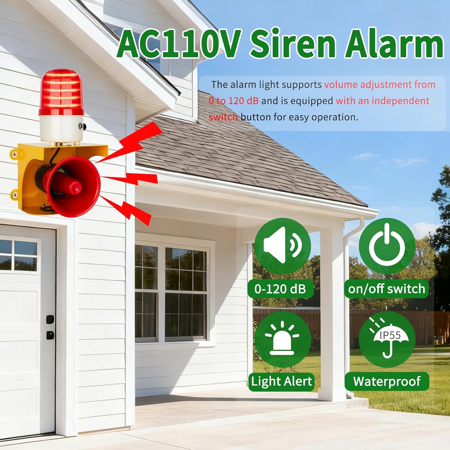 AC110V Industrial Siren Alarm Strobe Light-120dB Loud Horn&Waterproof Red Beacon Warning Light for Emergency,Factory,Fires,Tornado,Intruder Deterrent (with Switch&Volume – Adjustable 0–120dB)