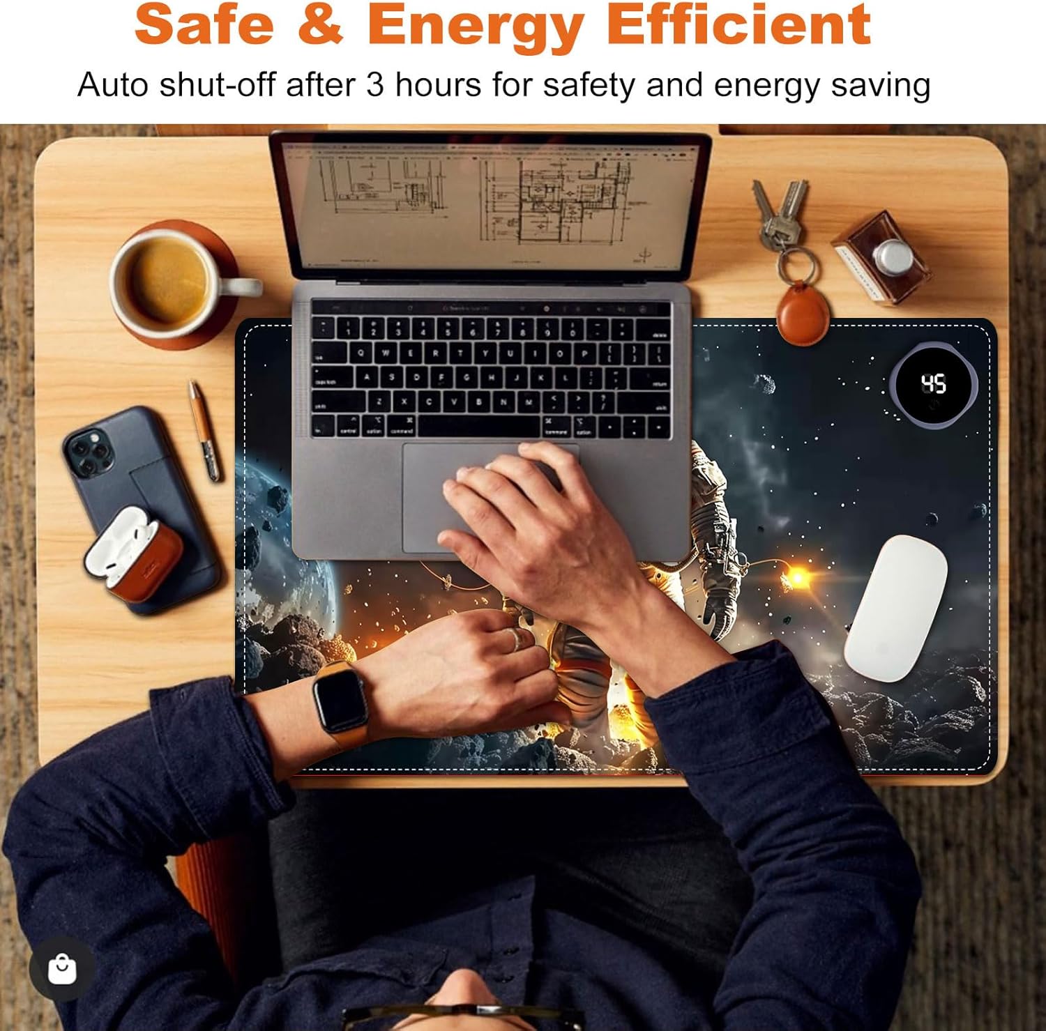 Small Heated Desk Pad 23.6" x 14.2" – Compact Electric Mouse Pad with 3 Heating Levels, Auto Shut-Off, Waterproof PU Surface, Plug-in Warmer for Office or Home Use, Astronaut