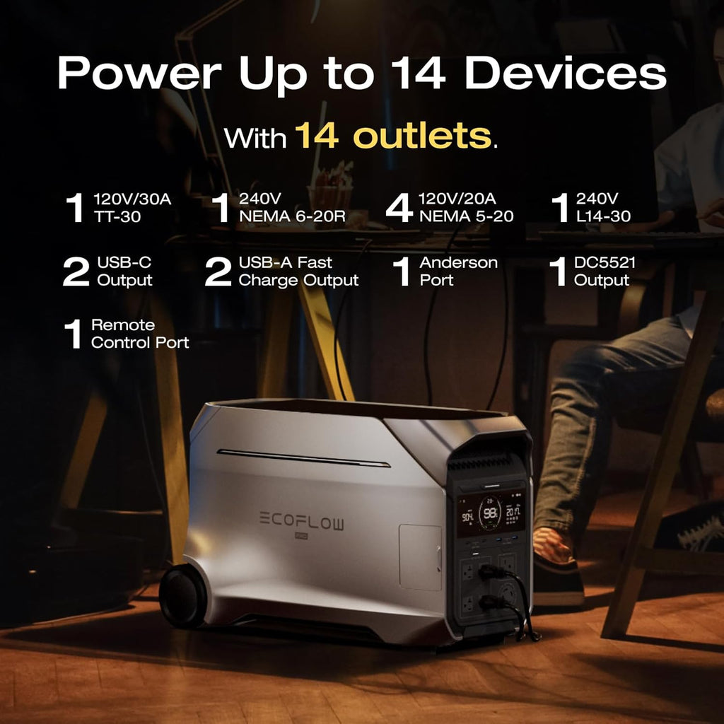 EF ECOFLOW 12kWh Portable Power Station: DELTA Pro 3 with 2 Extra Battery, 120/240V 4000W AC Output, Solar Generator for Home Use, Camping, Emergencies, Power Outages, RVs, and Outdoor Generators