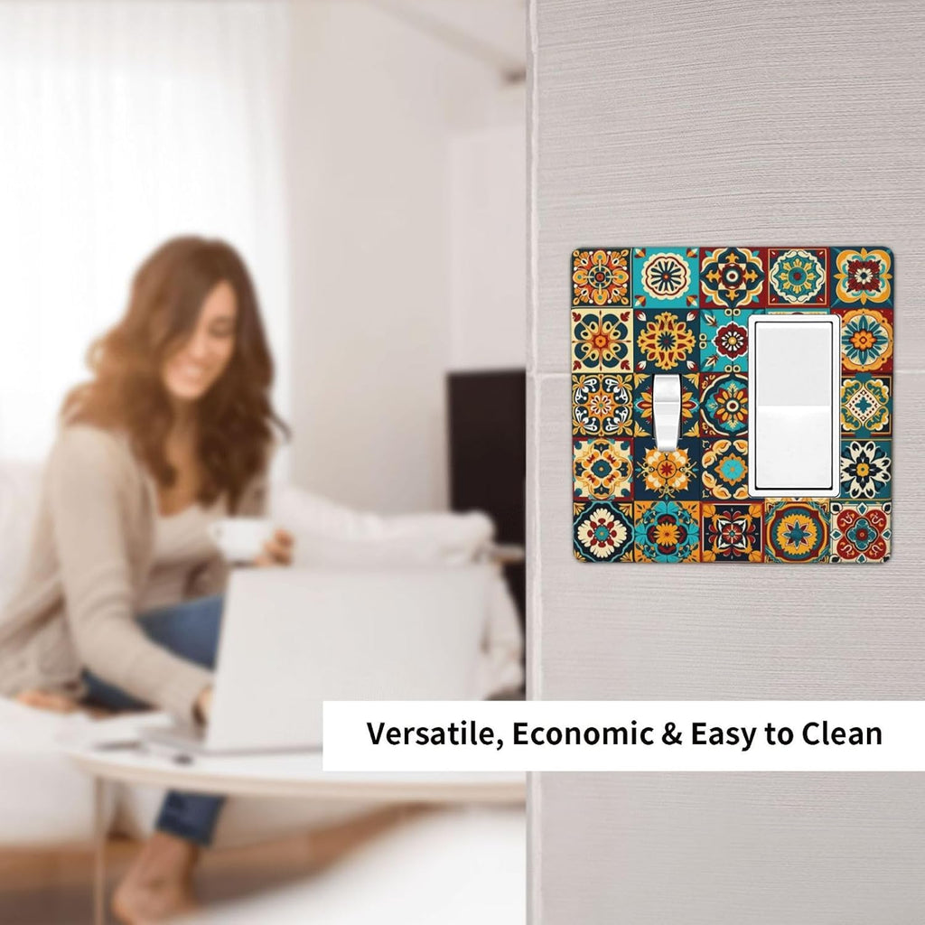 Mexican Talavera Ceramic Tile Moroccan Boho Outlet Covers 1 Toggle 1 Rocker Combination Decorative Wall Plate Electrical Switch Plates Light Switch Cover Plate for Bathroom Kitchen Decor