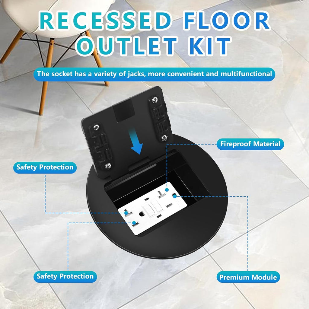 KYHSHJ Recessed Circular Floor Socket Kit with2* 20 Amp Stainless Steel GFCI Tamper Receptacle Outlet,Corrosive Resistant Hardware，Black