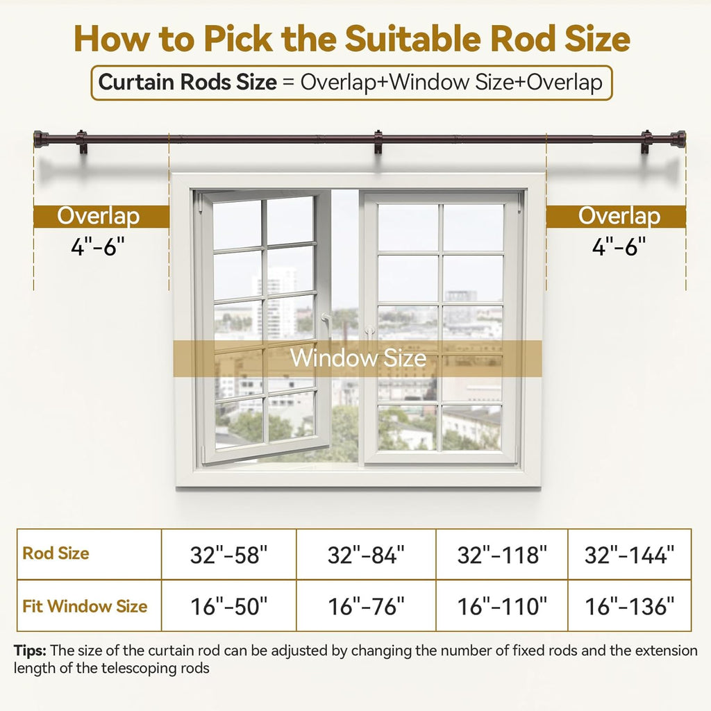Curtain Rod 2 Pack 32-84 Inch, Heavy Duty 1 Inch Curtain Rod, Antique Bronze Long Adjustable Window Treatment Rods, Modern Design, Easy Installation