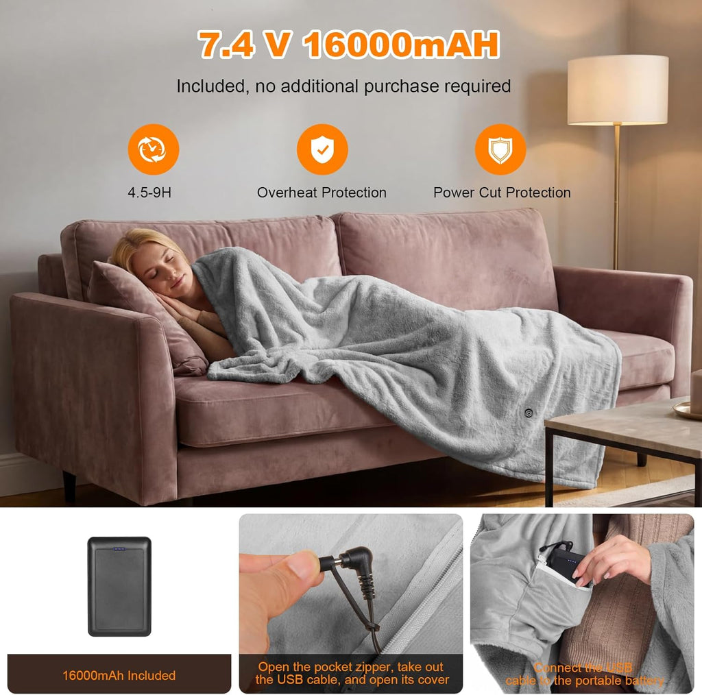 Cordless Heated Blanket Battery Operated with Fleece Lining 7.4V 16000mAh Battery Portable Wearable Heated Shawl for Women Men 6 Heating Zones 3 Fast-Heating Levels (Battery Included)