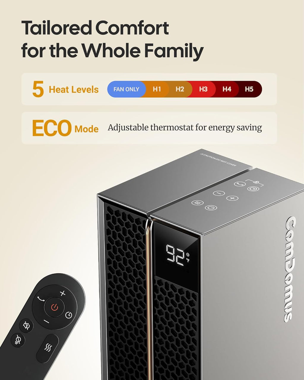 Electric Heaters for Indoor Use, 32” Space Heater Large Room with Remote, 120° Oscillation, 5 Heat Levels, 3 Modes, Multiple Safety Protections, 1500W Ceramic Tower Heater for Bedroom, Silver