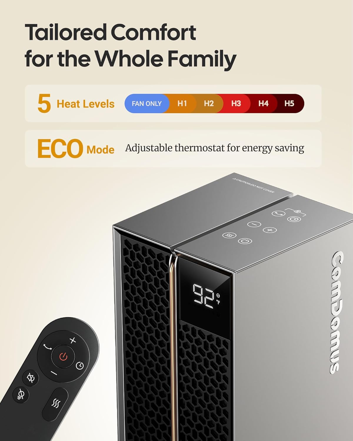Electric Heaters for Indoor Use, 32” Space Heater Large Room with Remote, 120° Oscillation, 5 Heat Levels, 3 Modes, Multiple Safety Protections, 1500W Ceramic Tower Heater for Bedroom, Silver