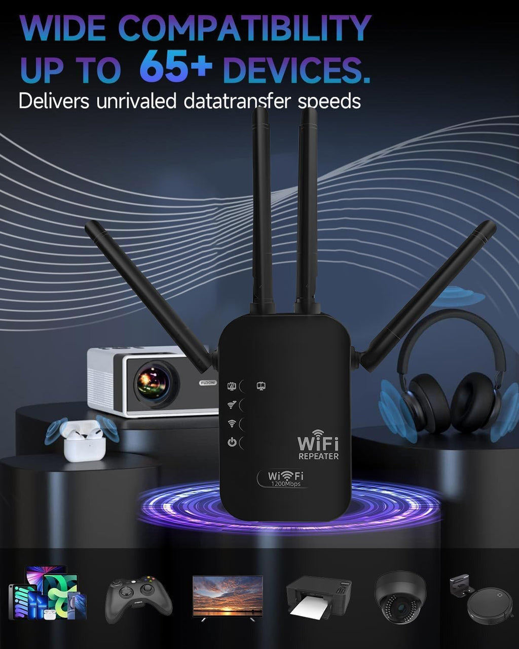 1200Mbps WiFi Extender Signal Booster,WiFi Extender Dual Band for Home，New Gen 6X Faster Internet Booster Extender, WiFi Repeater Coverage up to 10K sq.ft and 65 Devices(Black)