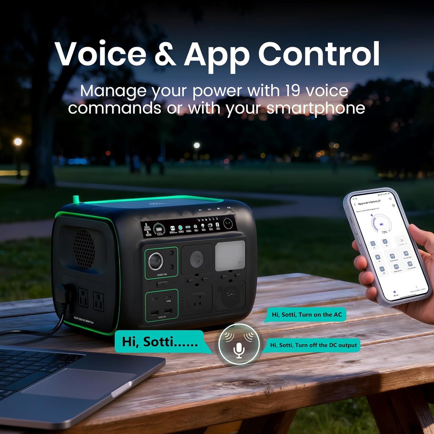 Portable Power Station, with Snap-on Light, Speaker & Charger, 800W Solar Generator, 512Wh Outdoor Power supply for Camping RV hiking, 100W USB-C Output, 3 AC Outlets