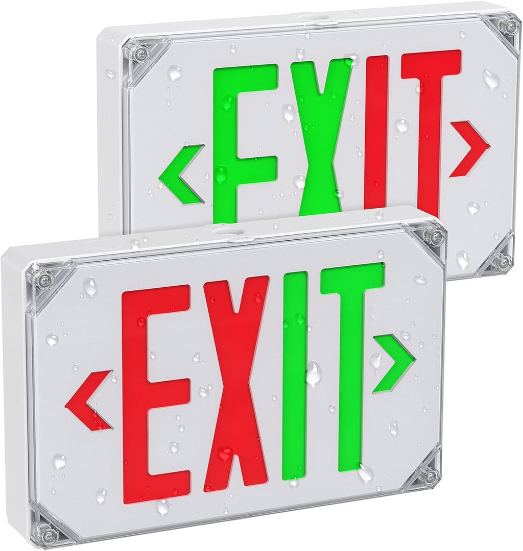 Wet Location Exit Sign,Exterior Weatherproof LED Exit Light with Battery Backup,Switchable Red/Green Colors,Double Sided Emergency exit sign,Outdoor Waterproof Hardwired Emergency Exit Light,120V/277VAC,UL Listed(2 Pack)