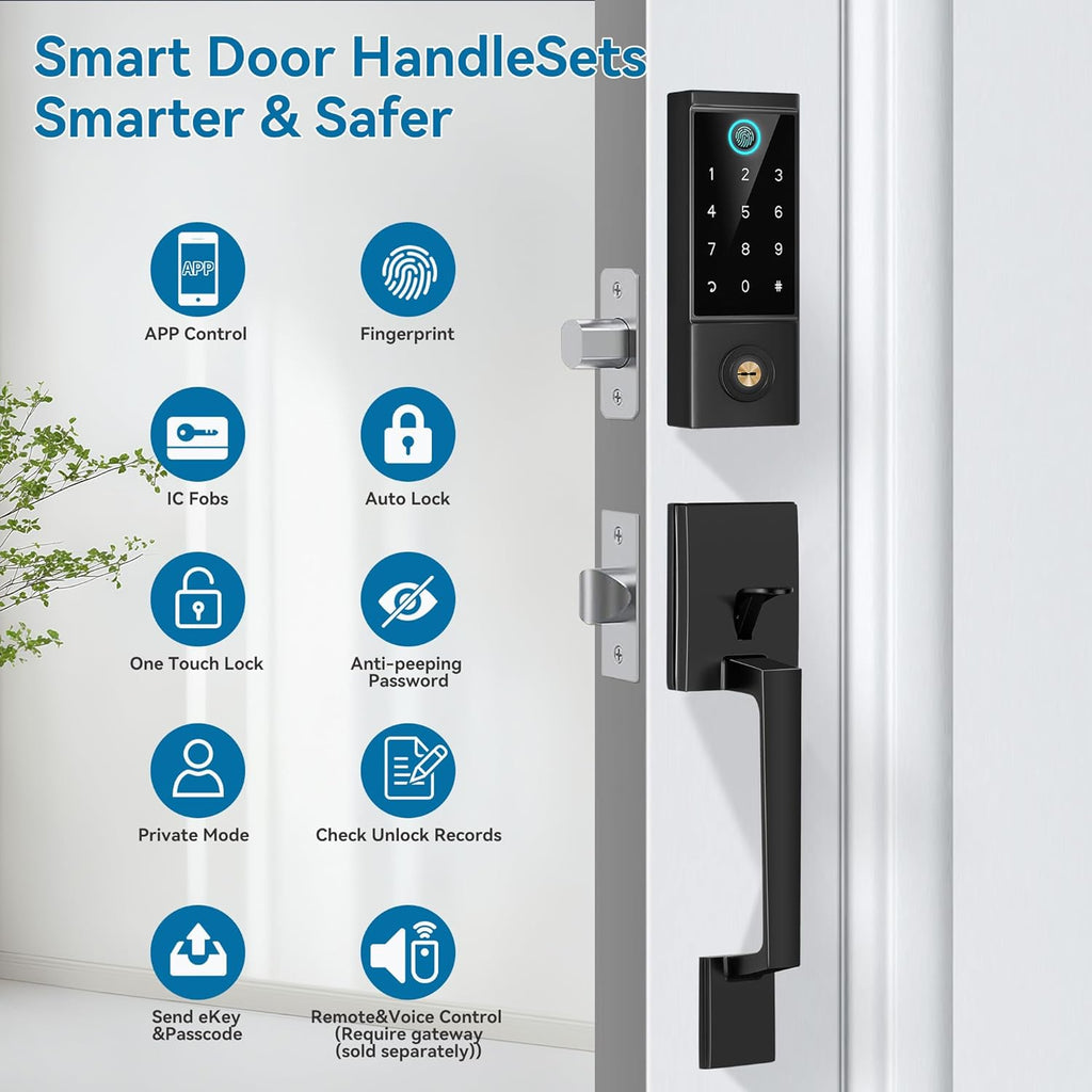BEBASIA Smart Door Lock with Front Door Handle Set, Heavy Duty Fingerprint Handleset, Keyless Entry Smart Deadbolt for Front Door, Bluetooth Keypad Digital Lock Black