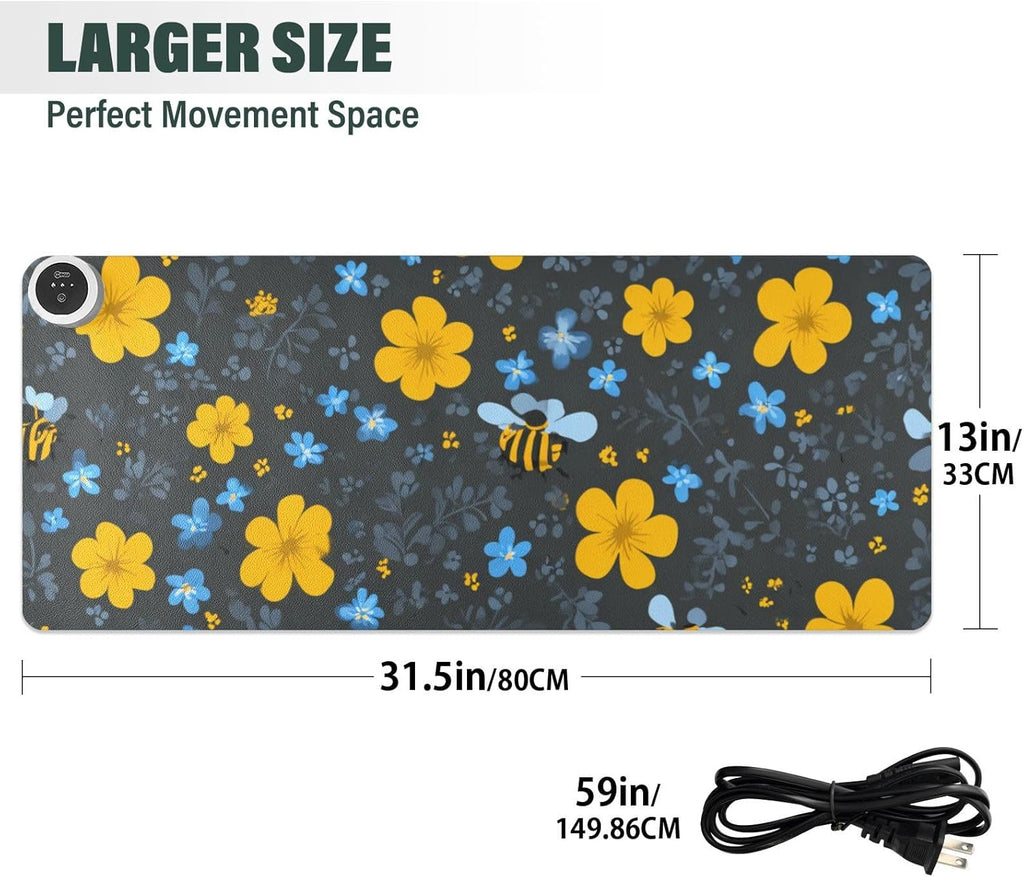 Heated Desk Pad Mouse Pad 31.5x13 Inch PU Leather Desk Mat with 3 Heat Levels Large Mouse Gaming Computer Laptop Mat Blue Floral Fragments and Bees