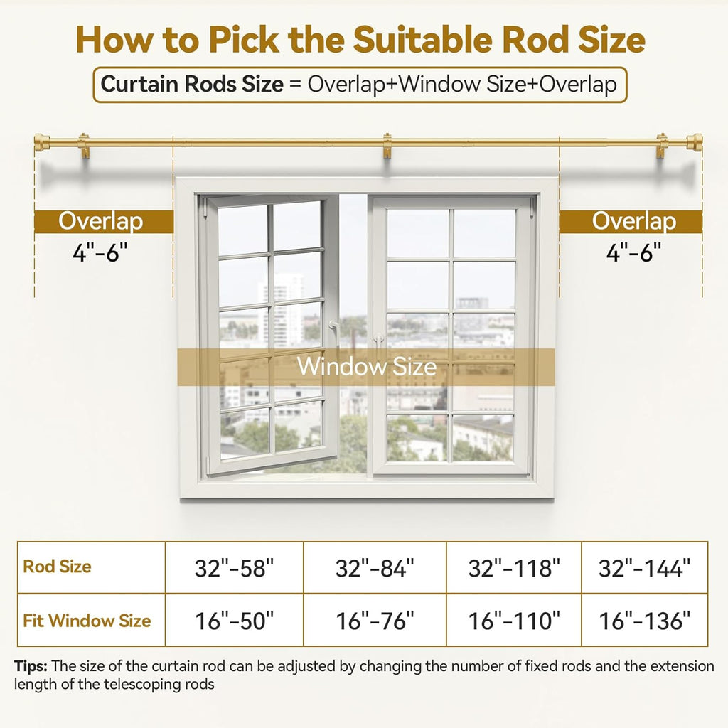 Curtain Rod 32-58 Inch, Heavy Duty 1 Inch Adjustable Curtain Rods for Windows, Gold Short Window Treatment Rods, Modern Design, Easy Installation