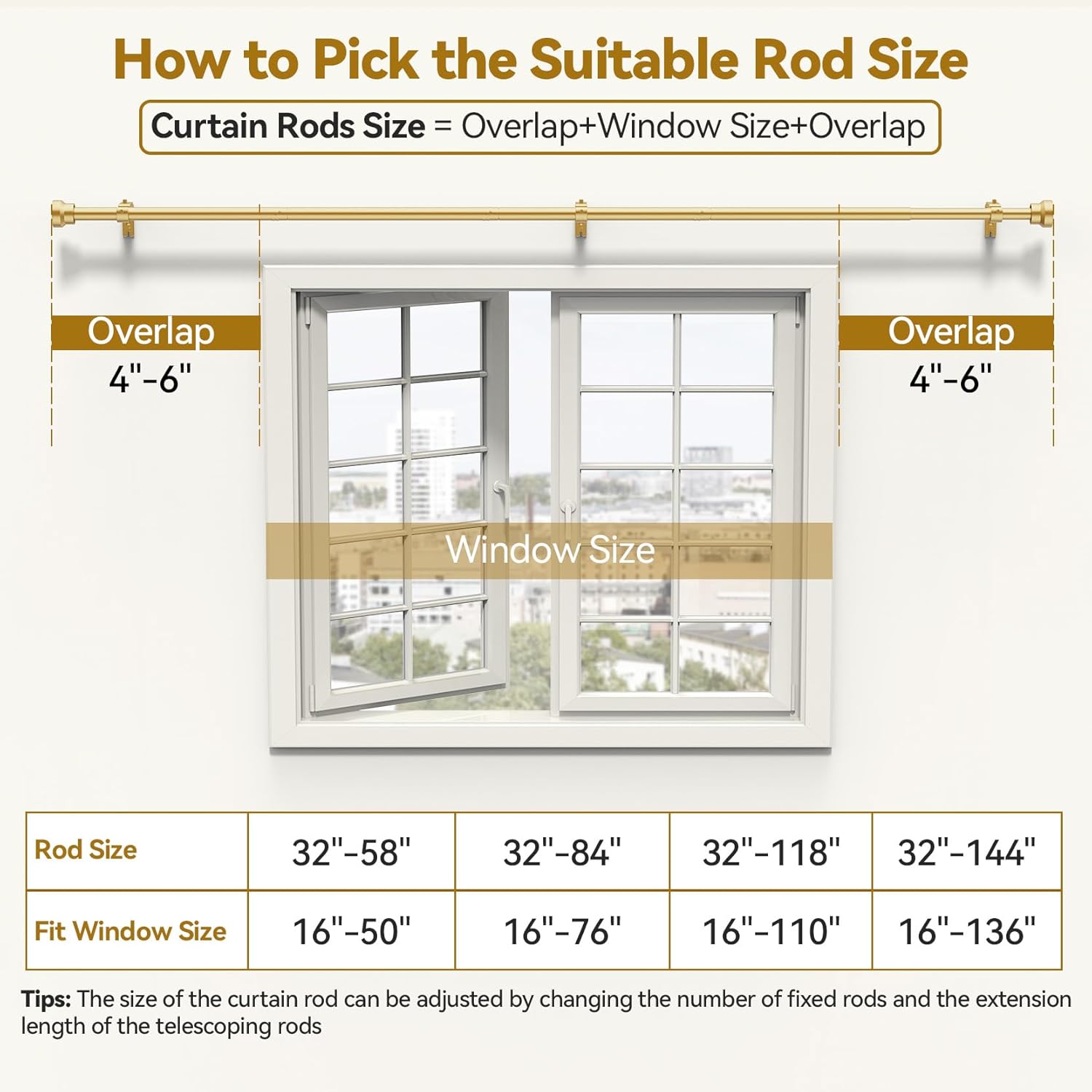 Curtain Rod 32-58 Inch, Heavy Duty 1 Inch Adjustable Curtain Rods for Windows, Gold Short Window Treatment Rods, Modern Design, Easy Installation