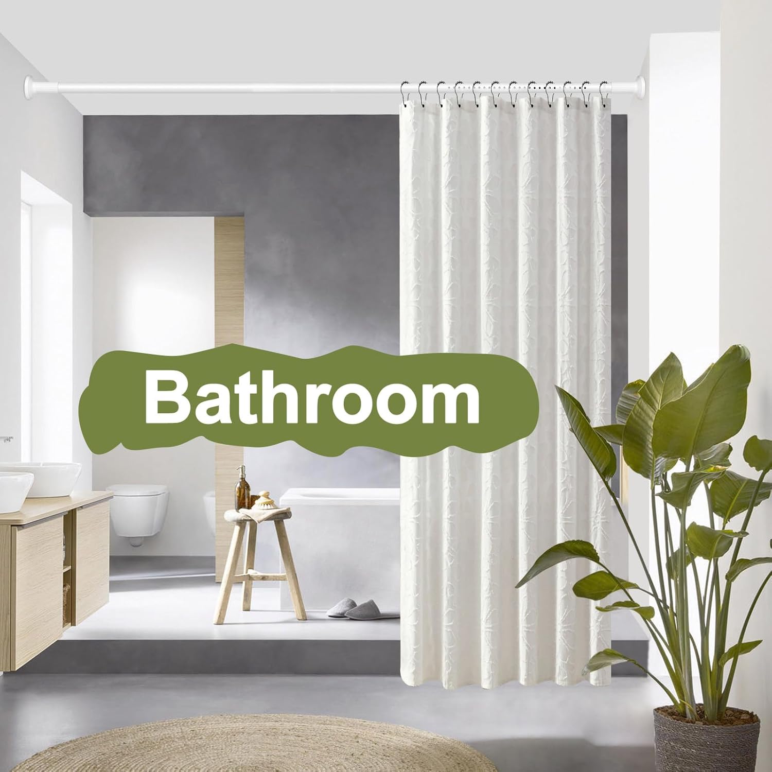 White Shower Curtain Rod 51-86 Inch, Adjustable Tension Rod No Drilling for Window or Bathroom Closet, Outdoor Curtain Rod for Patio, Easy to Install, Never Rust, Rod Diameter 1.26 Inches-White