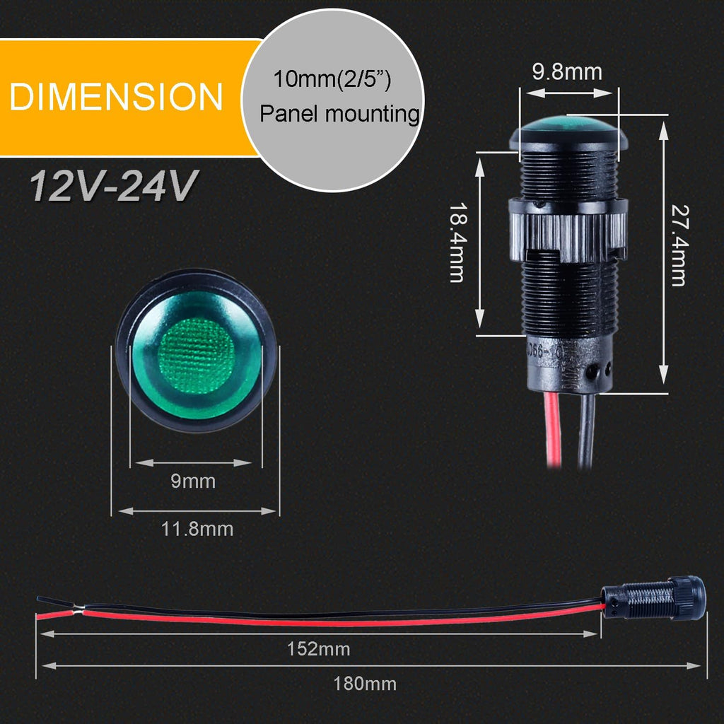 5pcs 10mm LED Indicator Light Plastic Black Signal Dot Lamp 12V-24V 2/5" Mounting Hole Size with 15cm/5.9in. Wire (Green LED)