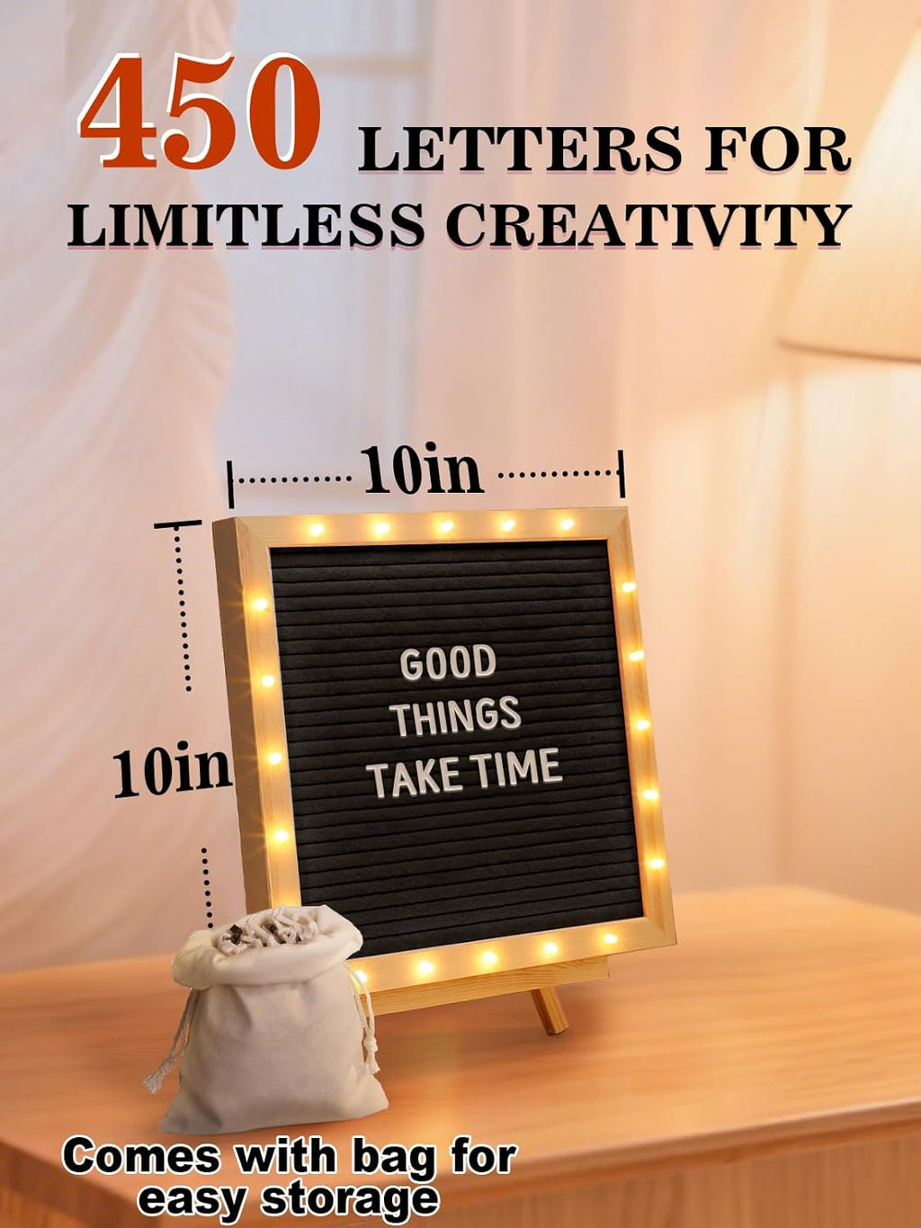 Changeable Felt Letter Board with LED Lights - 10×10" Message Custom Signs & Wood Stand & 450 Letters, Poster Board for Valentine's Day/Baby/Pregnancy Announcement/Classroom Wall Decor Gifts, Black