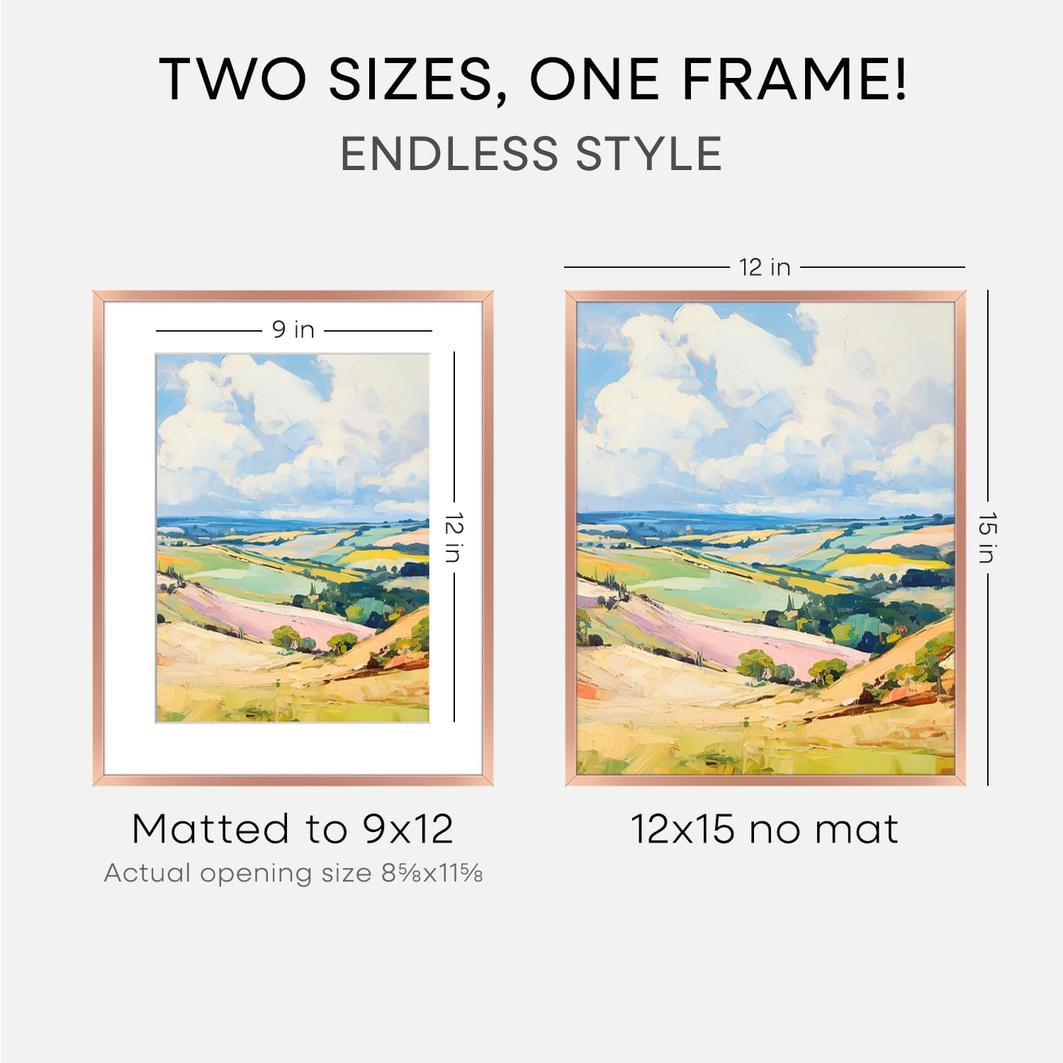 Homeforia 12x15 Rose Gold Picture Frame, High End Metal 12x15 Poster Frames with Mat 9x12 Photo, 12 x 15 Rose Gold Frames Matted to 9 by 12 Print, 15x12 Thin Frames, Tempered Glass, Wall Kit, Set of 1