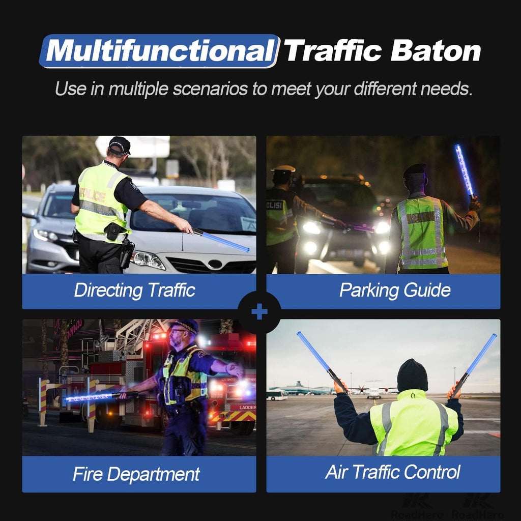 RoadHero 2 Pack 21 Inch Traffic Wands, Blue Led Traffic Control Baton, Night Safety Light Wand with 2 Flashing Modes, Air Marshaling Signal Wand with Side Clip for Parking Lot