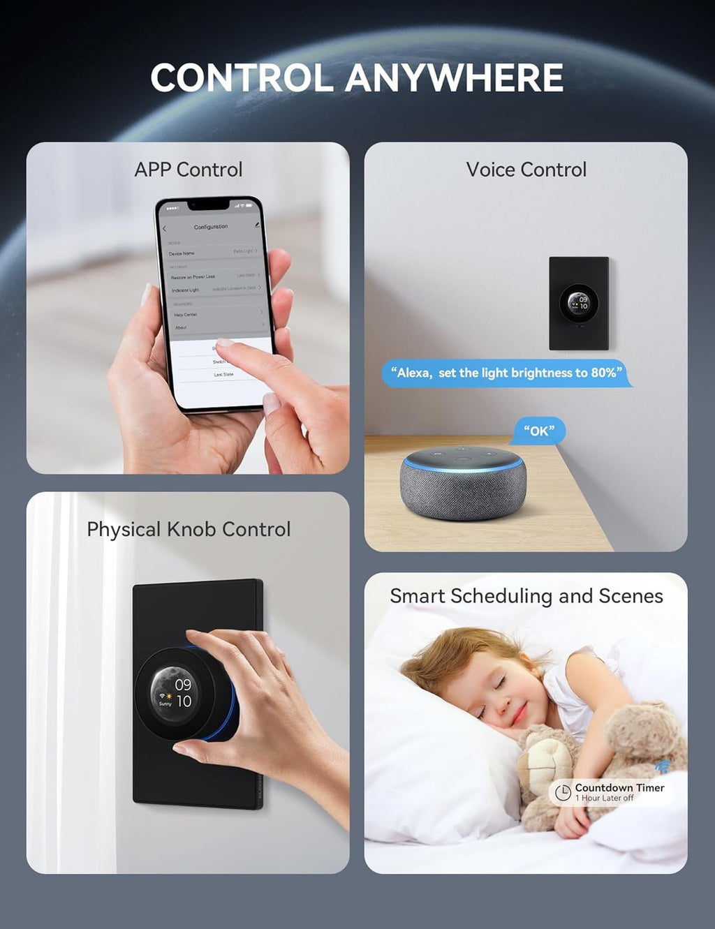 ELEGRP WiFi Smart Rotary Traic Dimmer with 1.8 inch TFT Display Screen, Single Pole, Needs Neutral Wire, 2.4GHz Wi-Fi, Compatible with Alexa and Google Home, No Hub Required, UL Listed, 1 Pack, Black