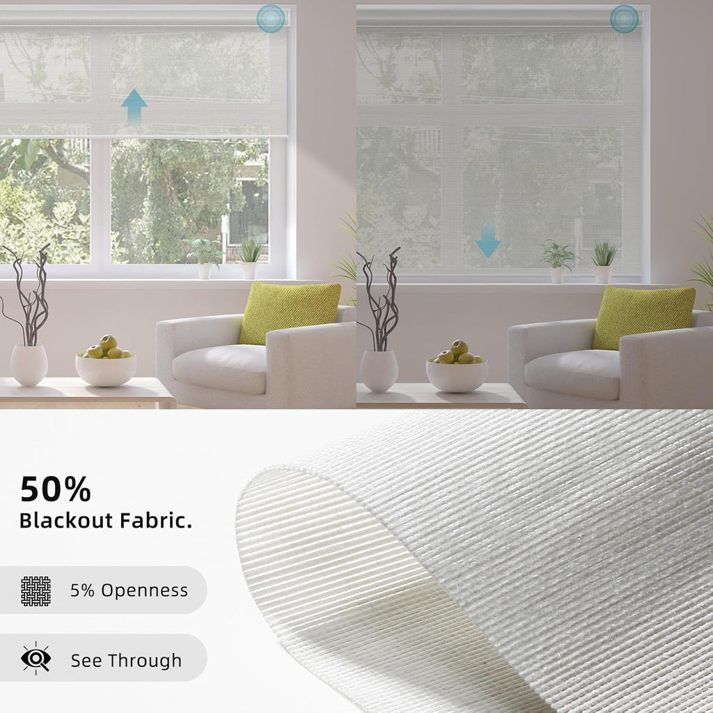 SmartWings Motorized Smart Roller Shades in Light Filtering, Electric Blinds with Remote for Windows Compatible with Alexa/Google Home/Homekit, Customized, PVC Free Pearl 5% Openness