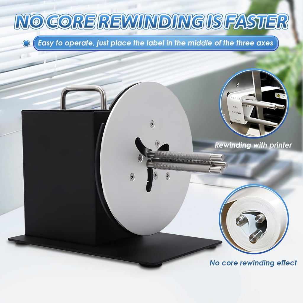 Automatic Label Rewinder Speed-Adjustable Label Rewinding Machine, Synchronized with Printer, Adjustable Core Holder 1"- 3", Label Width 120mm/4.72 inch,Roll Diameter 185mm/7.28"