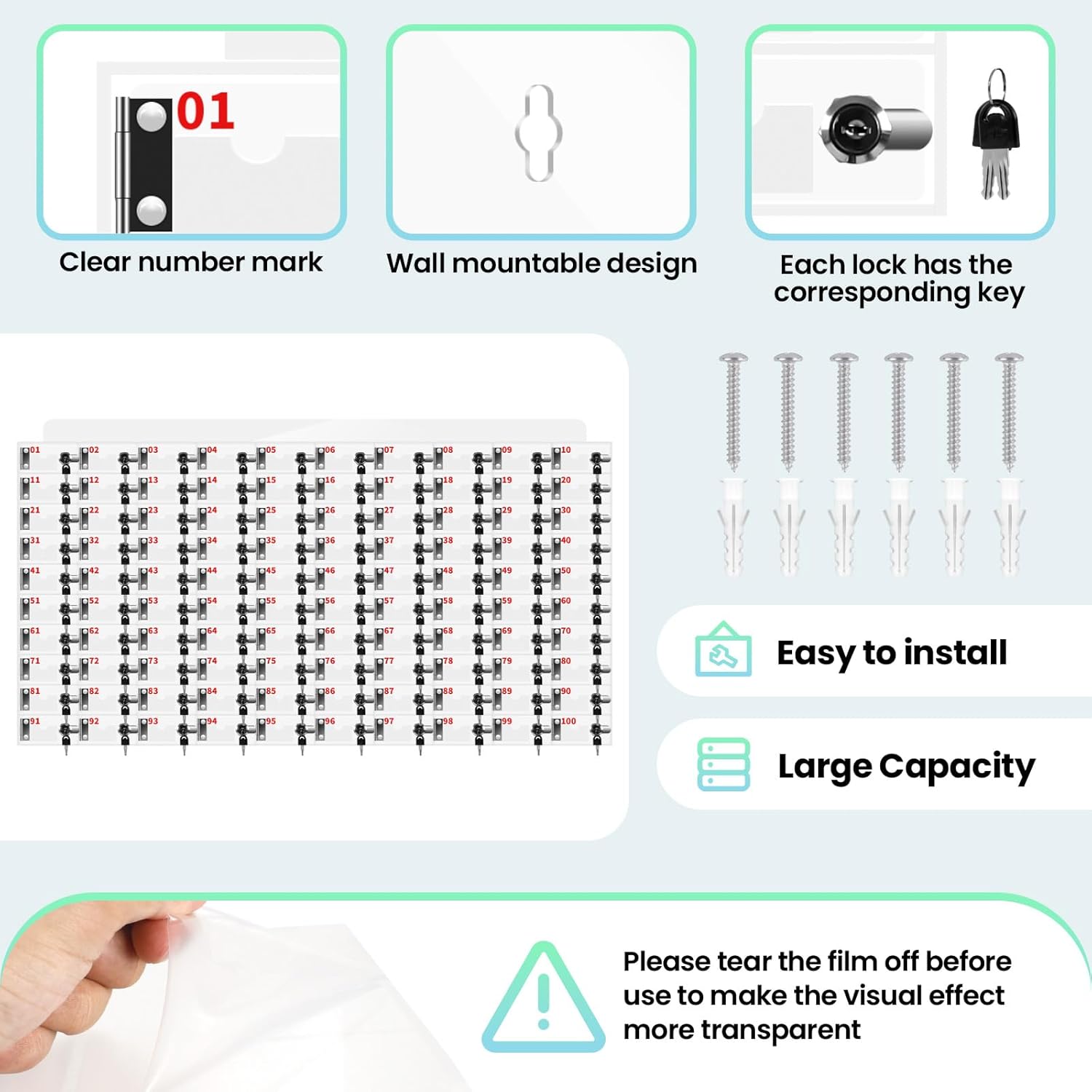 100 Slots Clear Acrylic Cell Phone Locker Box Wall-Mounted with Keys, Lockable Secure Storage Cabinet for Classroom Office Gym, Multi-Use Phone Lock Organizer for Employees Students (Small)