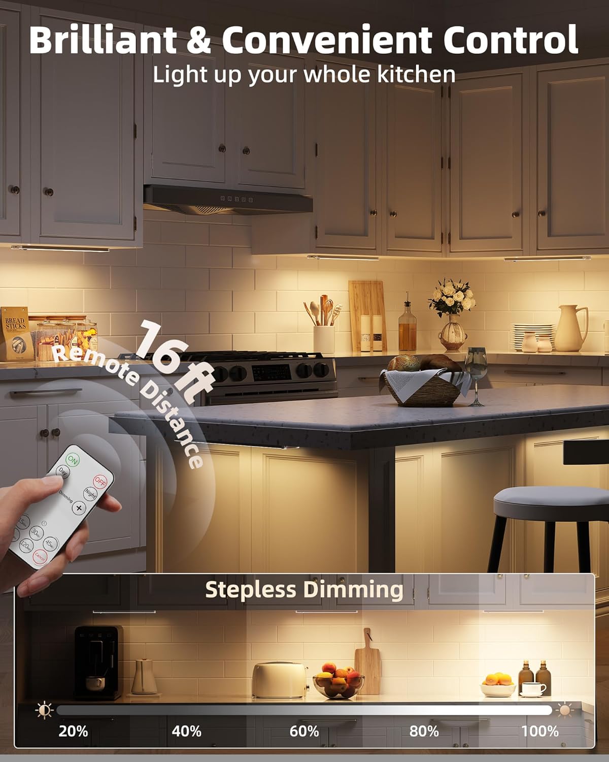 EZVALO 3 Pack Under Cabinet Lighting, Rechargeable Motion Sensor Light, LED Closet Lights Wireless, 3500K Dimmable, Timer, Magnetic, with Remote Control for Kitchen, Closet, Stair