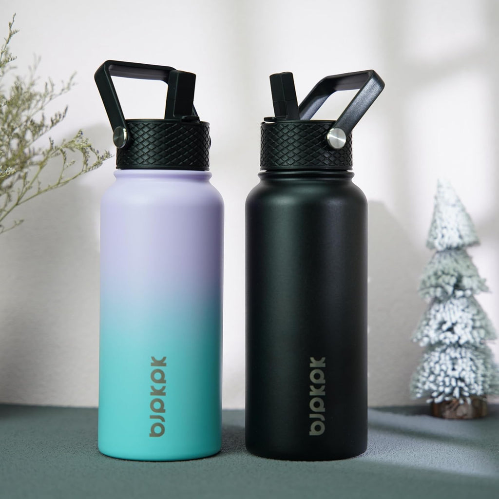BJPKPK 2 Pack Insulated Water Bottles with Straw Lids, 27oz Stainless Steel Metal Water Bottle with 6 Lids, Leak Proof BPA Free Jugs, Cups, Flasks for Travel, Sports (Lavender Green+Black)