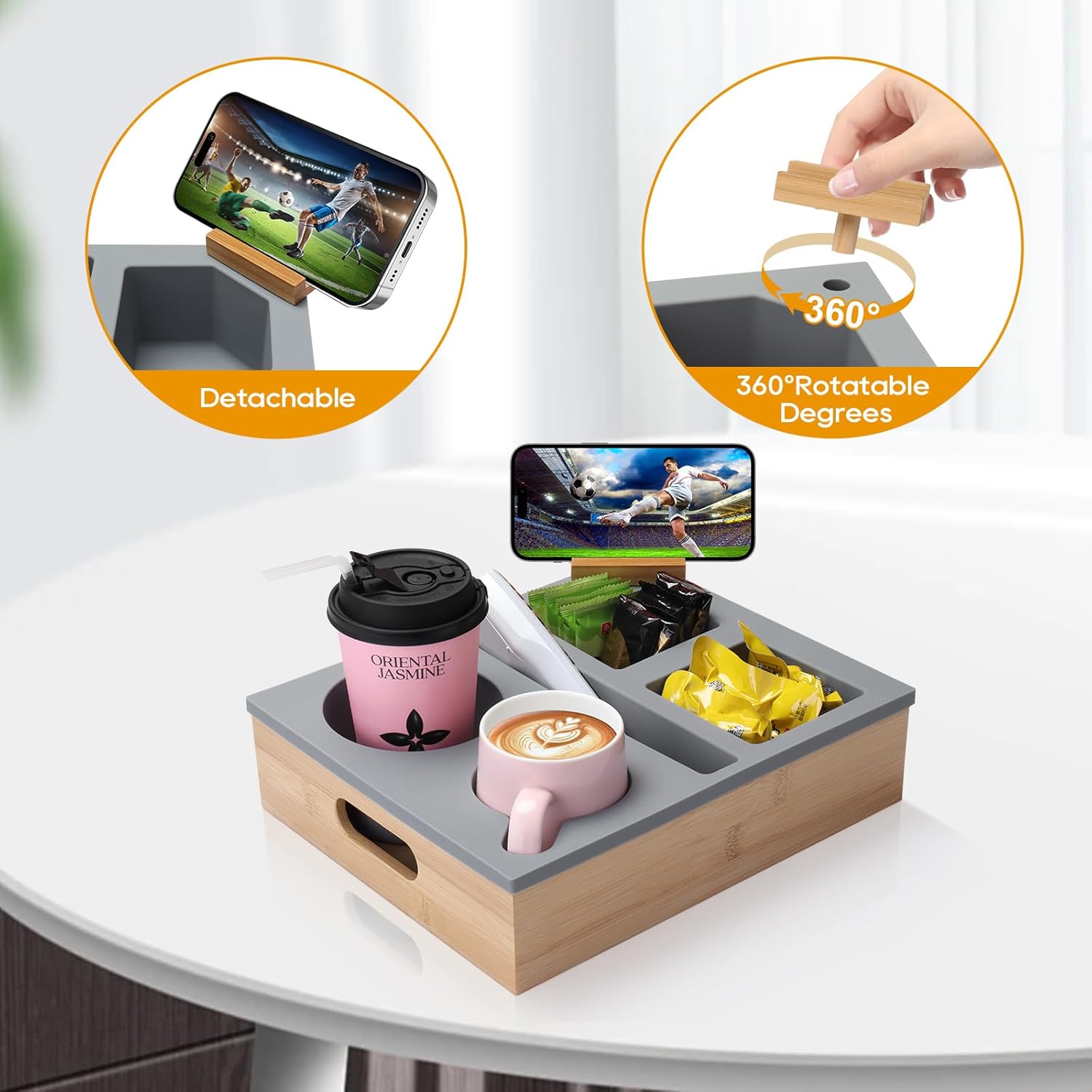 Couch Cup Holder Tray, Couch Caddy with Rotatable Phone Holder, Wooden Sofa Drink Holder with Handle for Bed Car Seat Beach Organizer, Anti-Spill for Snacks Beverage Remote Grey