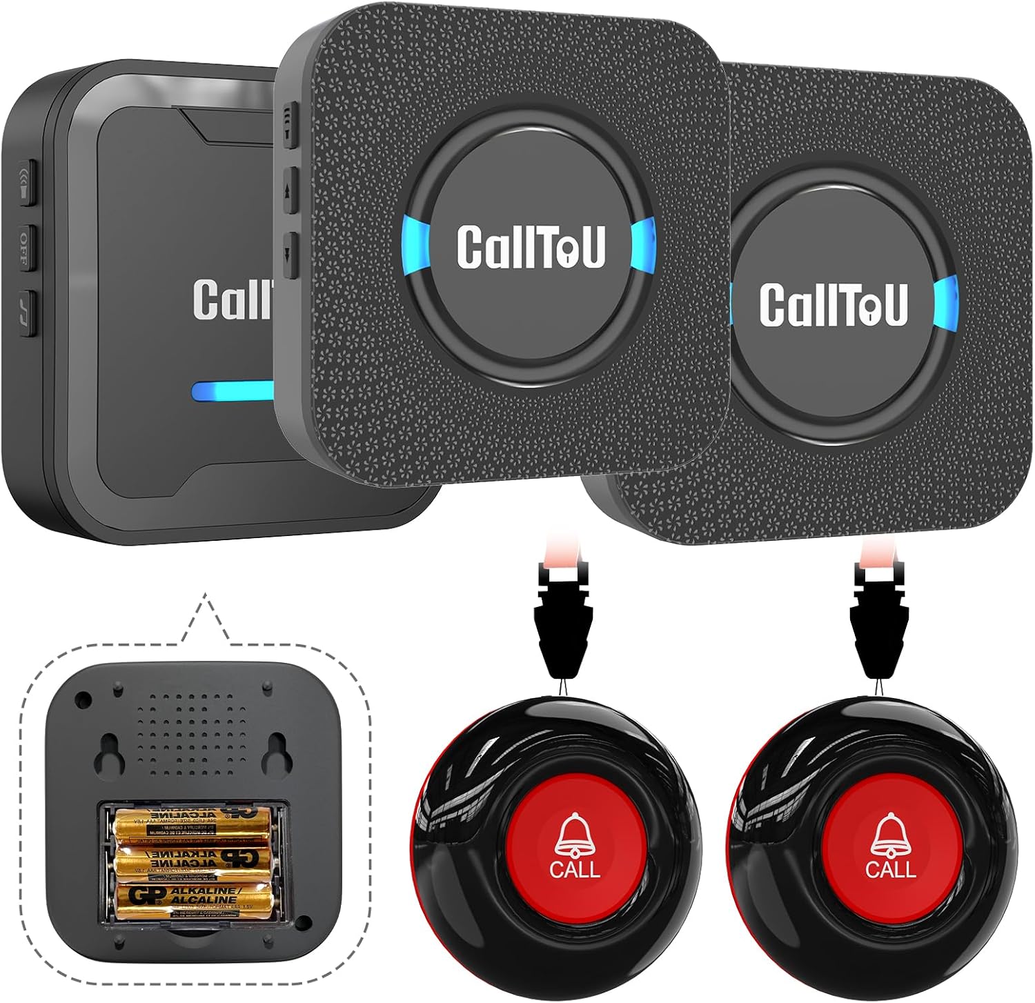 CallToU Caregiver Call Button Smart Call System 3 Receivers 2 SOS Call Button for Elderly at Home Nurse Calling Alert Patient Help System for Home/Personal Attention Pager 500+Feet (CC05BL 2-3)