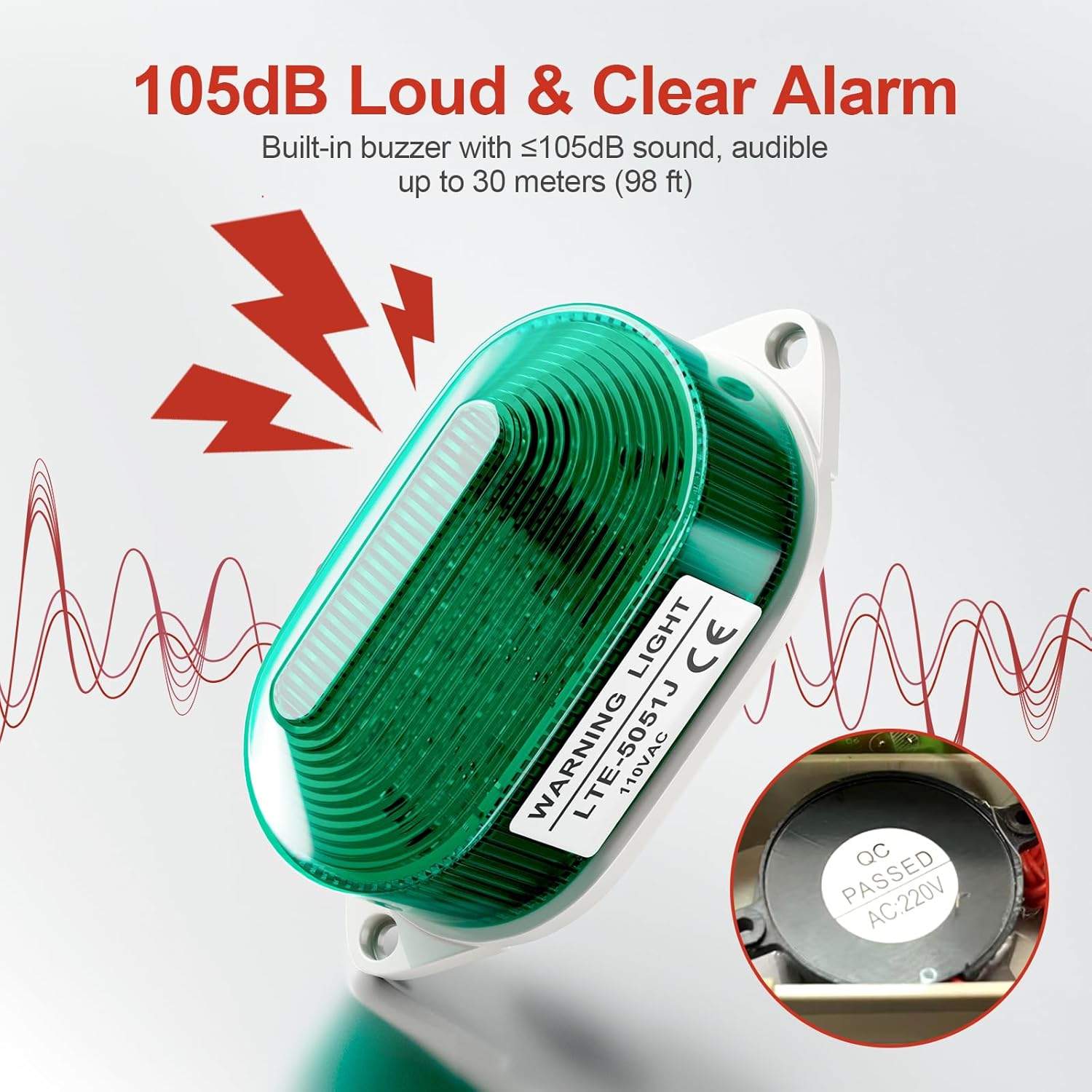 AC110V Strobe Siren Industrial Warning Light with Green LED and 105dB Buzzer, Ultra-Bright Signal Flashing Alarm Light for Safety and Alert, Oval