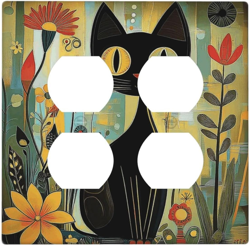 Funny Cat Retro Abstract Flowers Kitten Outlet Covers 2 Gang Double Duplex Decorative Light Switch Covers Electrical Wallplates Socket Faceplate For Kids Room Bed Room Decor