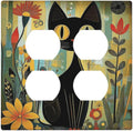 Funny Cat Retro Abstract Flowers Kitten Outlet Covers 2 Gang Double Duplex Decorative Light Switch Covers Electrical Wallplates Socket Faceplate For Kids Room Bed Room Decor