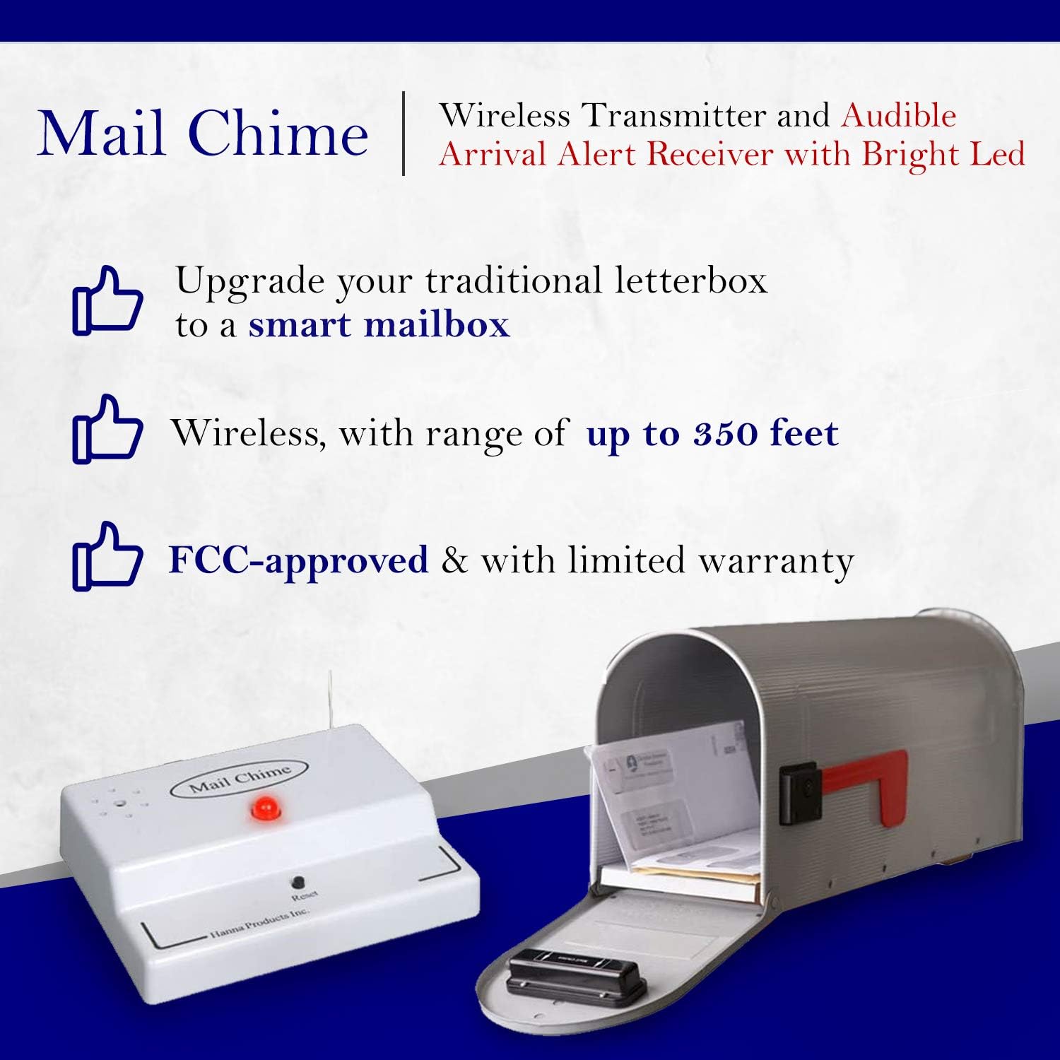Mail Chime Mailbox Alarm for Delivered Mail Notification System, Smart Mailbox Sensor Alert Wireless Transmitter & Receiver, Up to 350 Feet, Easy to Install, Battery-Operated, 1 Set