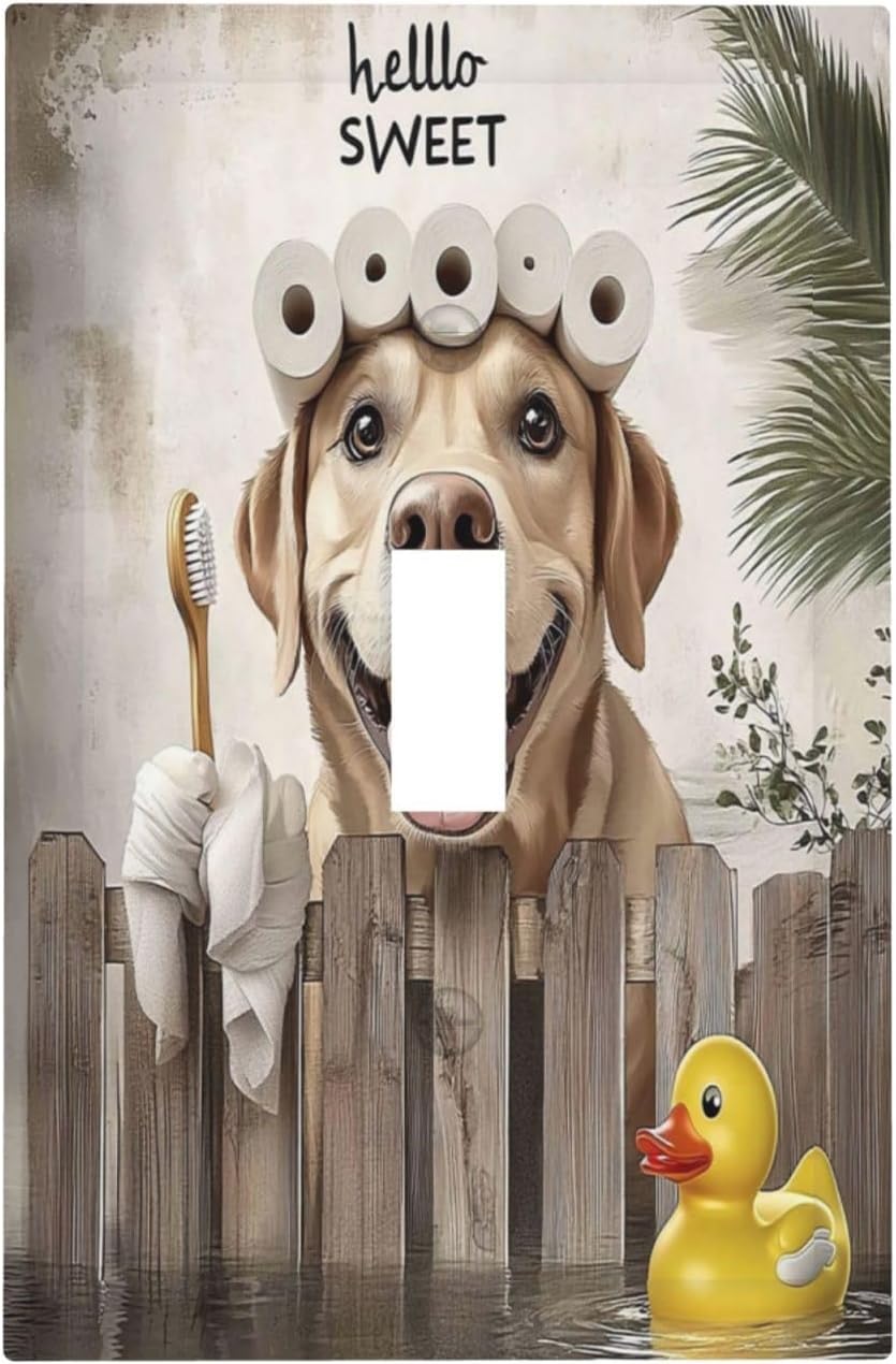 Funny Dog Rustic Farmhouse Wooden Fence Labrador Decorative Light Switch Cover 1 Gang Single Toggle Device Electrical Faceplate Switchplates Decorator Outlet Wall Plate For Kids Room Bathroom Decor
