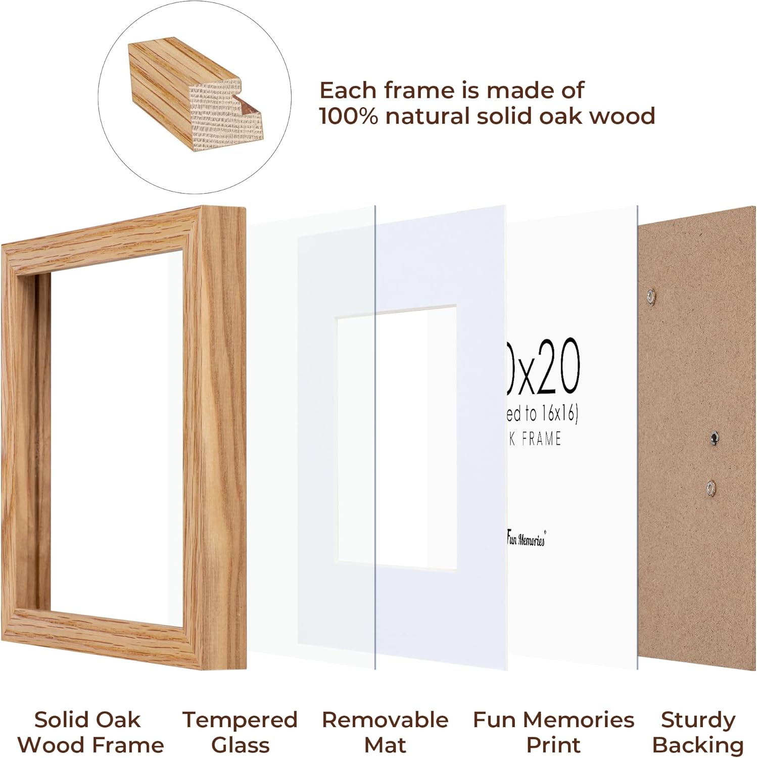20x20 Picture Frame, Solid Oak Wood 20 by 20 Frame, Square Picture Frame 20 x 20 with mat for 16 x 16, 20x20 Wood Frame for Home Decor, 20 x 20 Poster Frame, Tempered Glass, Natural Oak Color, 1 Pack
