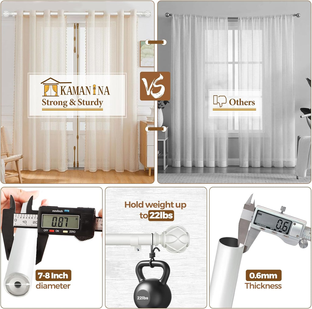 KAMANINA White Curtain Rods for Windows 72 to 144 Inches (6-12ft) Long Heavy Duty Curtain Rod, 7/8 Inch Adjustable Drapery Rods with Decorative Netted Texture Finials