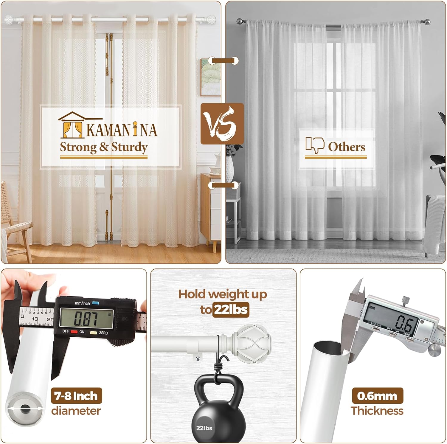 KAMANINA White Curtain Rods for Windows 72 to 144 Inches (6-12ft) Long Heavy Duty Curtain Rod, 7/8 Inch Adjustable Drapery Rods with Decorative Netted Texture Finials