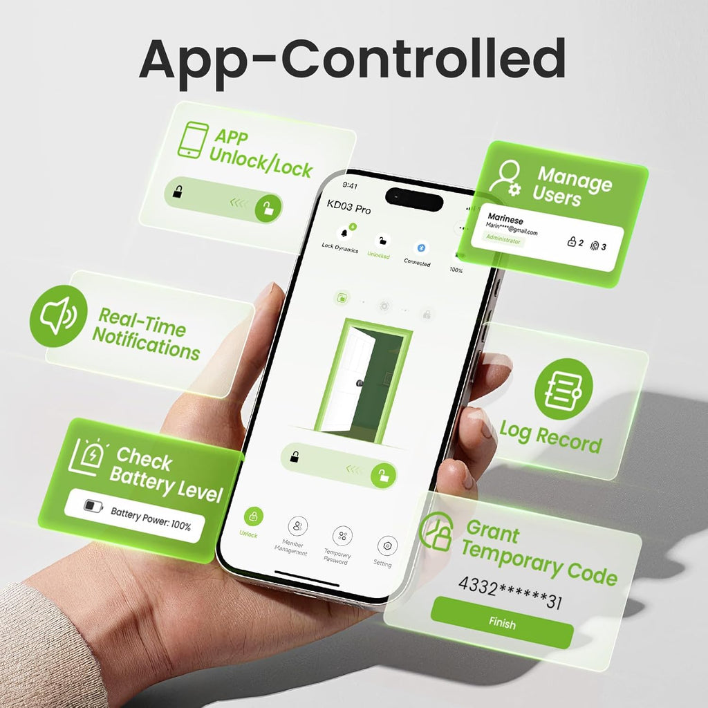 GHome Smart Fingerprint Door Lock, 4-in-1 Fingerprint Door Knob with Keypad, App Control, Keys, Removable & Rechargeable Battery, Door Locks for Bedroom, Home, Garage, Storage Room