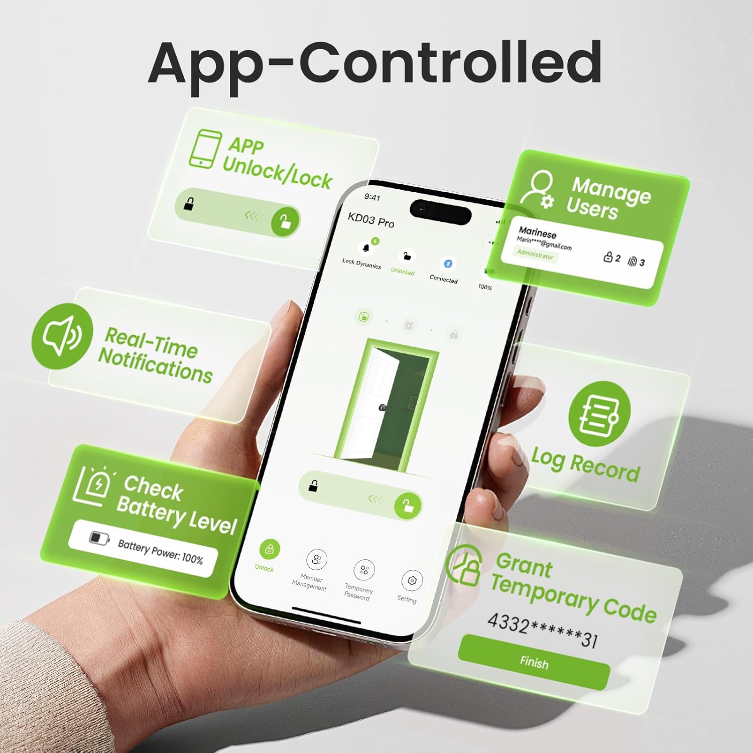 GHome Smart Fingerprint Door Lock, 4-in-1 Fingerprint Door Knob with Keypad, App Control, Keys, Removable & Rechargeable Battery, Door Locks for Bedroom, Home, Garage, Storage Room