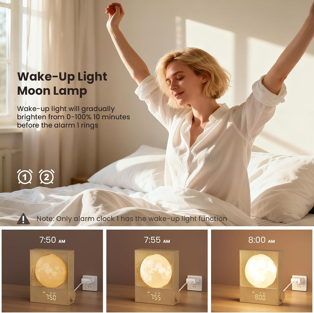 Sunrise Alarm Clocks for Heavy Sleepers,Rotatable Moon Light with Gentle Wake-Up,Clock Night Lamp for Bedrooms - Snooze,10 Light Effects,10 Nature Sounds,15 Ringtones for Adults,Kids,Nursery