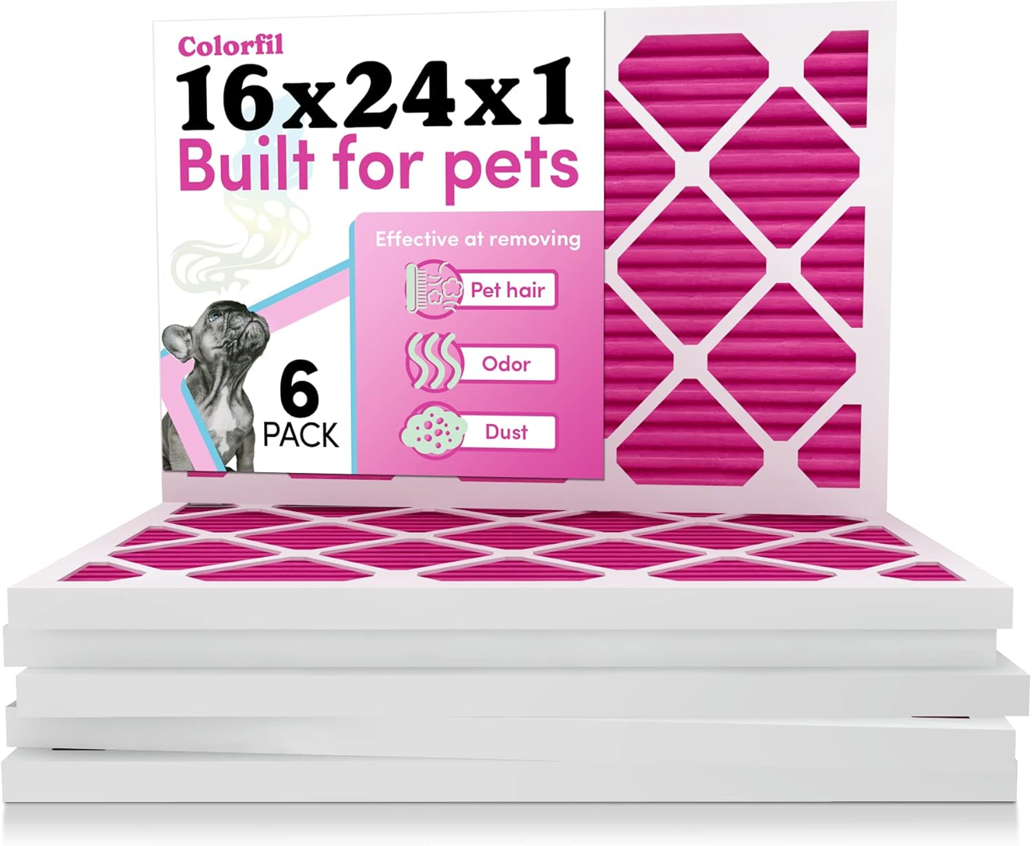 Colorfil 16x24x1 Air Filter (6-Pack) | Made in the USA | Color Changing | Remove Cat and Dog Odor | MERV 8 for Pet Hair Dander and Dust | 15.5"x23.5"x0.75" Exact Size
