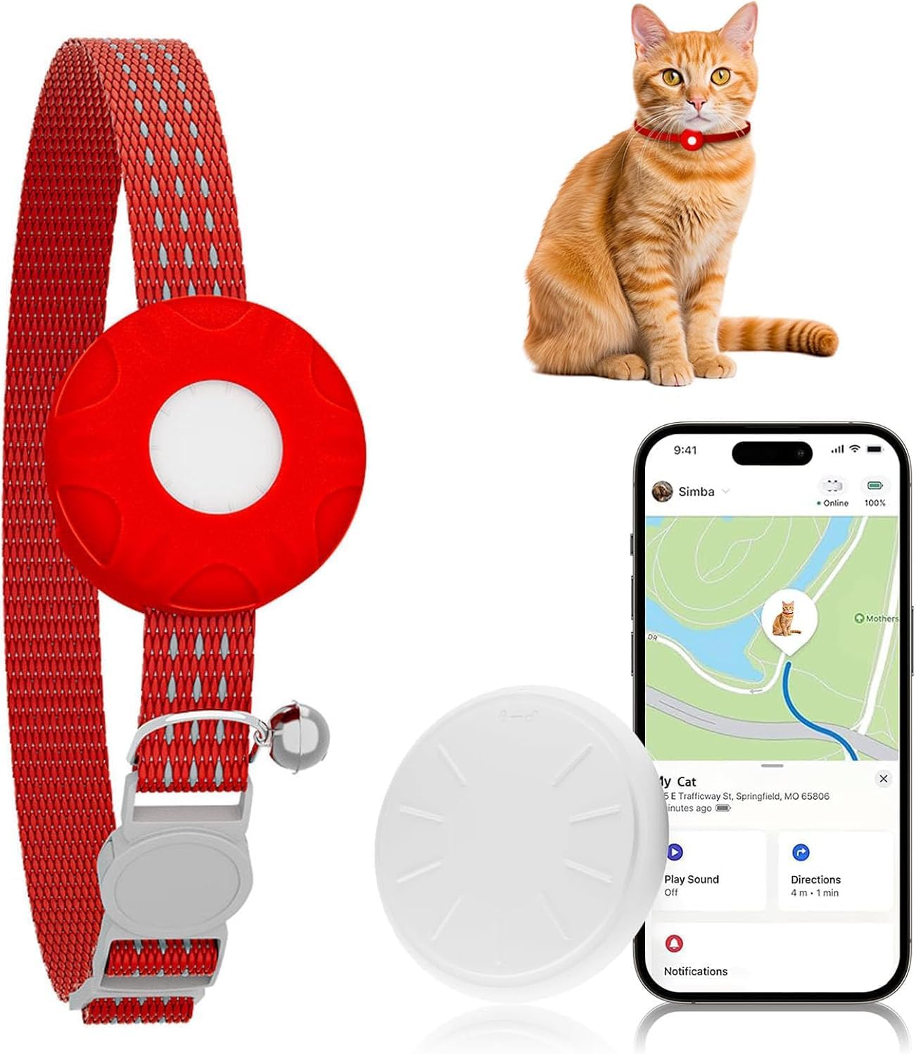 Cat GPS Tracker, Waterproof Pet Tracker for Cats, Compatible with Apple Find My App (Only iOS), Cat Tracker Collar with Safety Elastic Buckle, Works with Any Collar, No Monthly Fee, Red