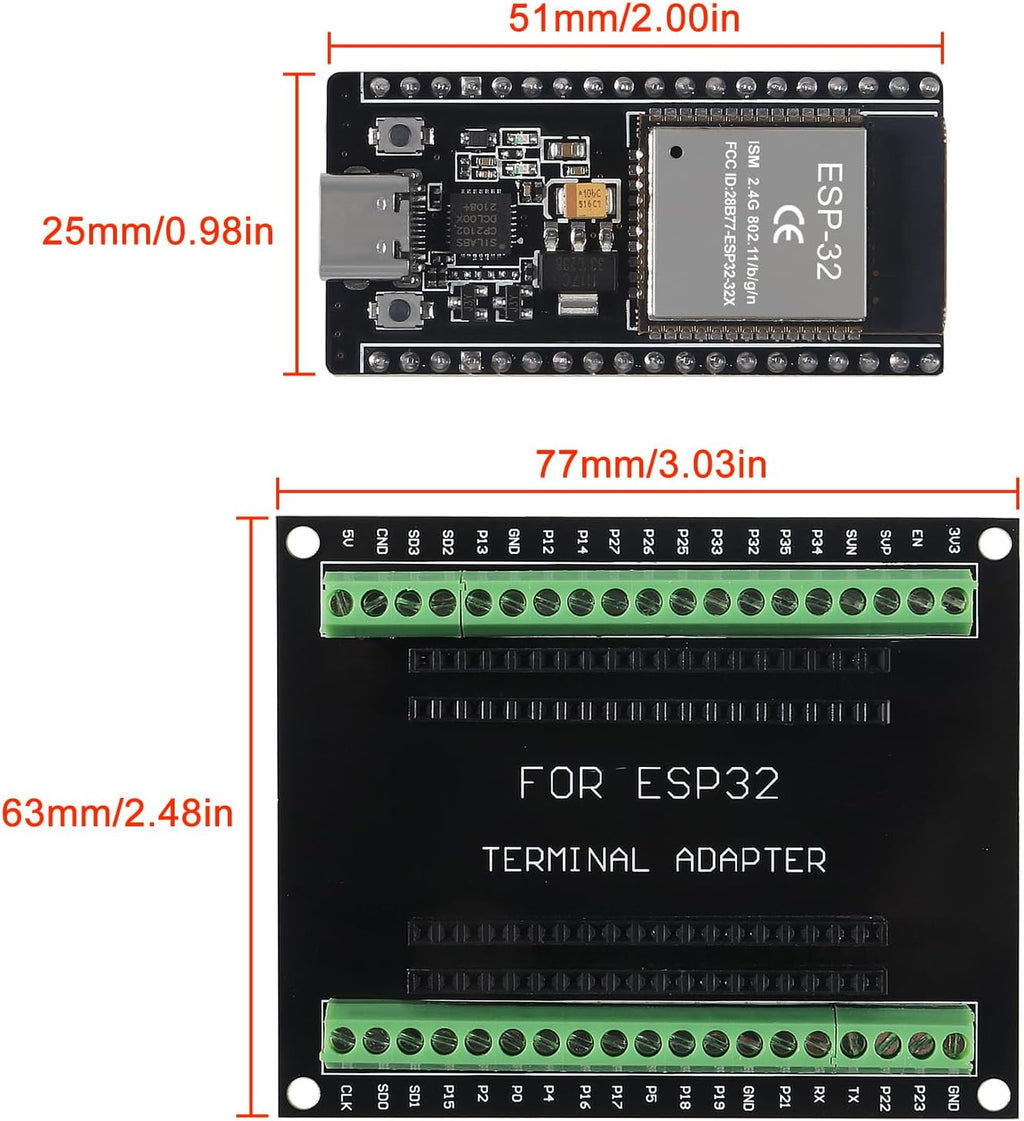 3 Set ESP32 Development Board Type C 38Pin Narrow Version WiFi + Bluetooth Microcontroller ESP-32 ESP-32S Board ESP-WROOM-32 with ESP32 Breakout Board GPIO 1 into 2 Terminal Screw Board