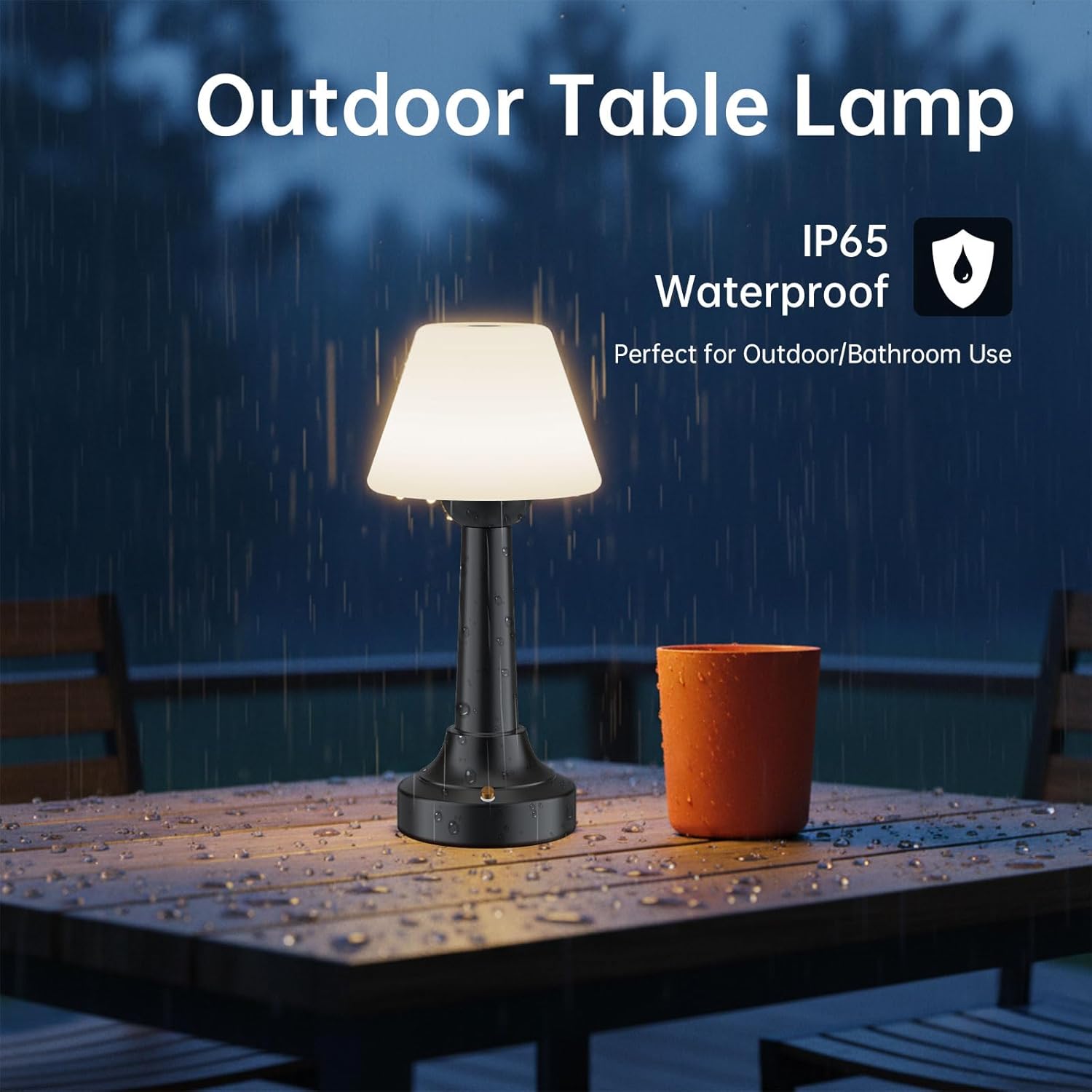 Cordless Table Lamp, Rechargeable Touch LED Lamp with 3 Color Temps & Stepless Dimming, Portable Battery Operated Light for Bathroom, Shower, Bedroom, Patio, Indoor/Outdoor Use, IP65 Waterproof